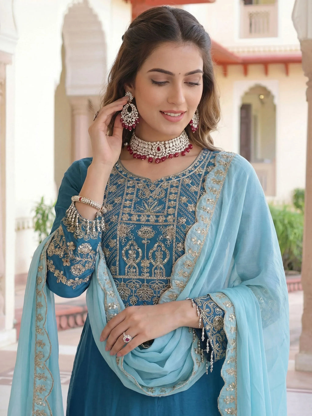 Teal Fabulous Embroidered Chinon Festival Wear Palazzo Suit