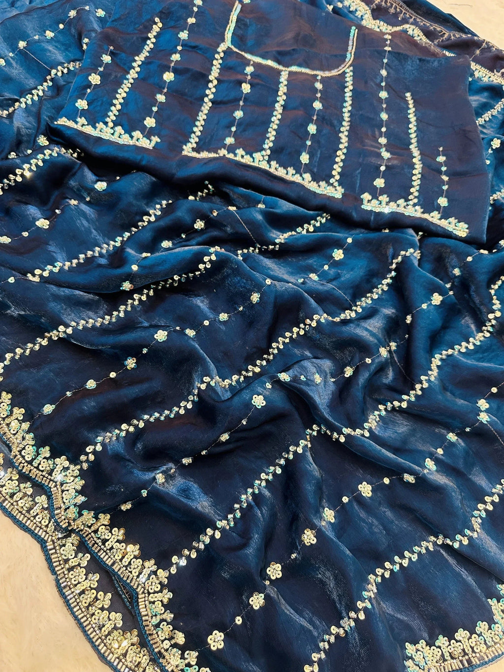 Teal Captivating Beads Work Satin Party Wear Saree With Blouse