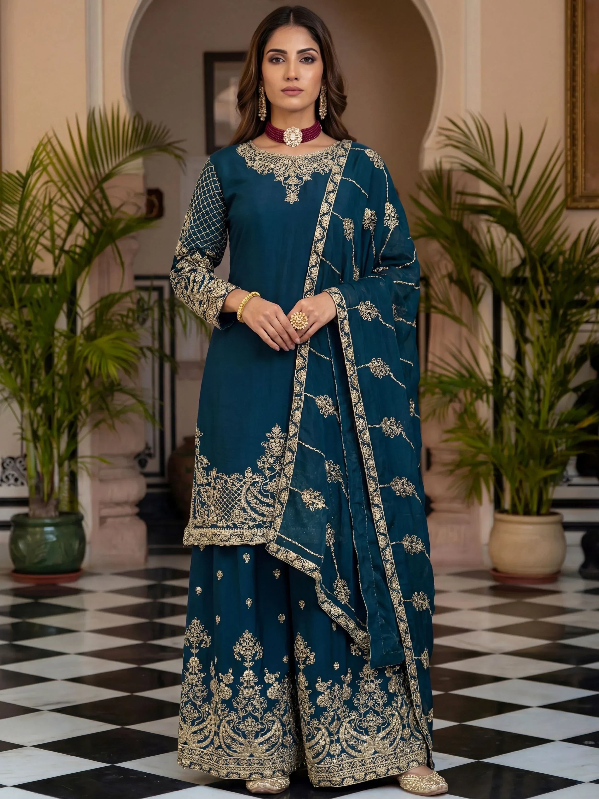 Blue Precious Zari Embroidered Chinon Festive Wear Palazzo Suit