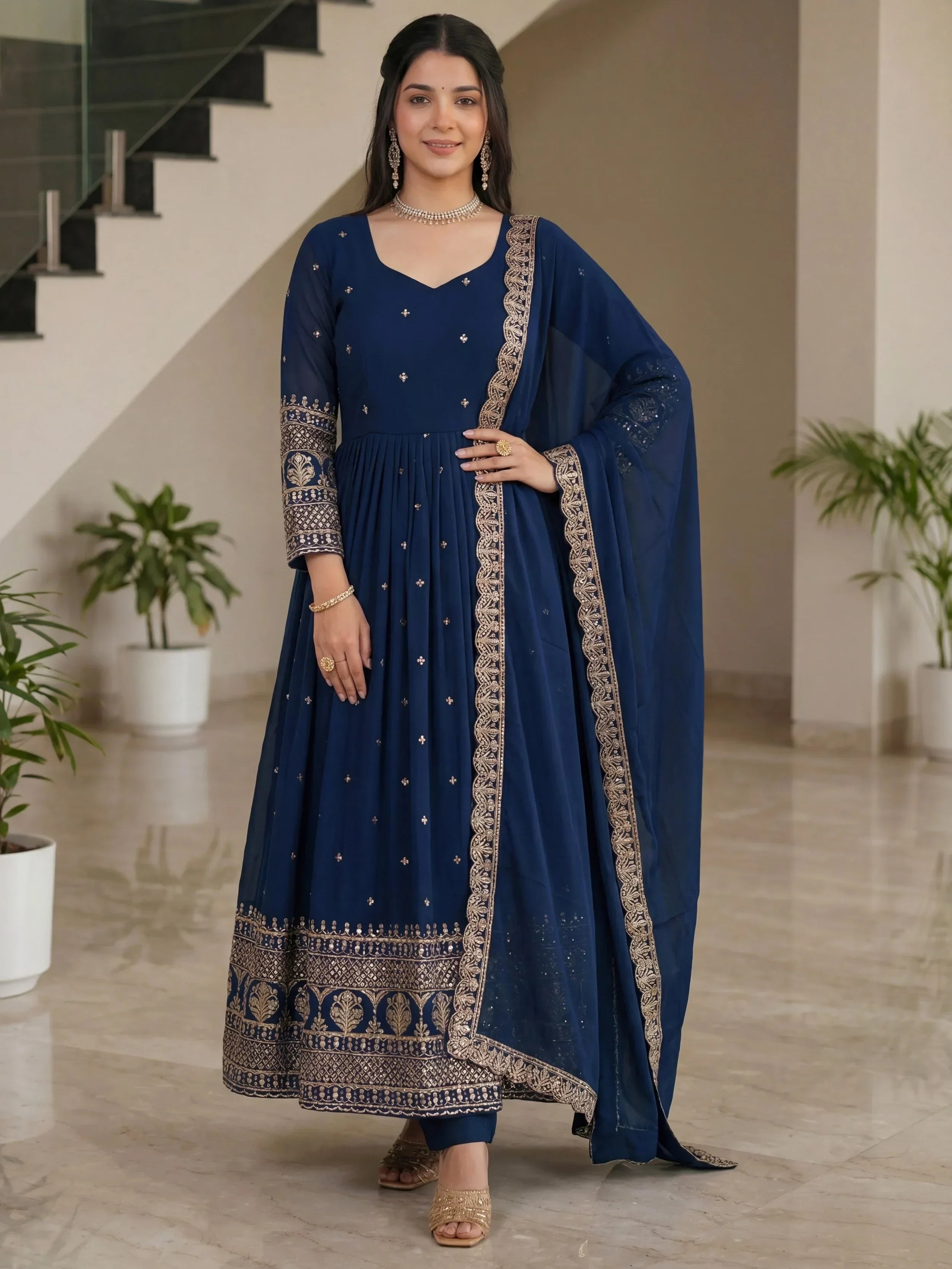 Blue Impressive Embroidered Silk Festive Wear Gown With Dupatta