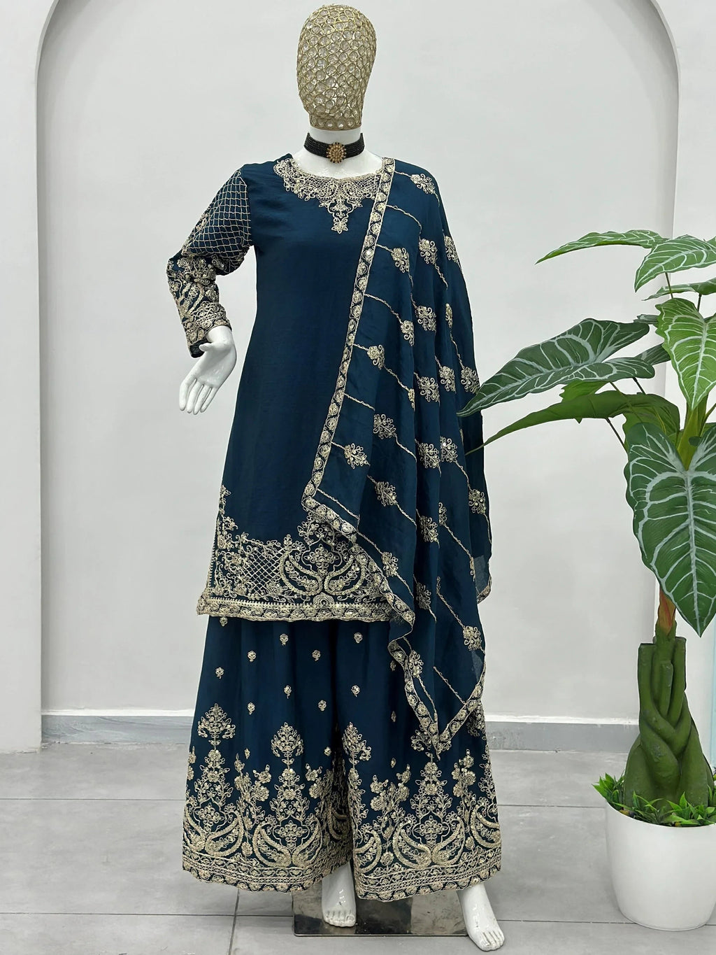 Blue Precious Zari Embroidered Chinon Festive Wear Palazzo Suit