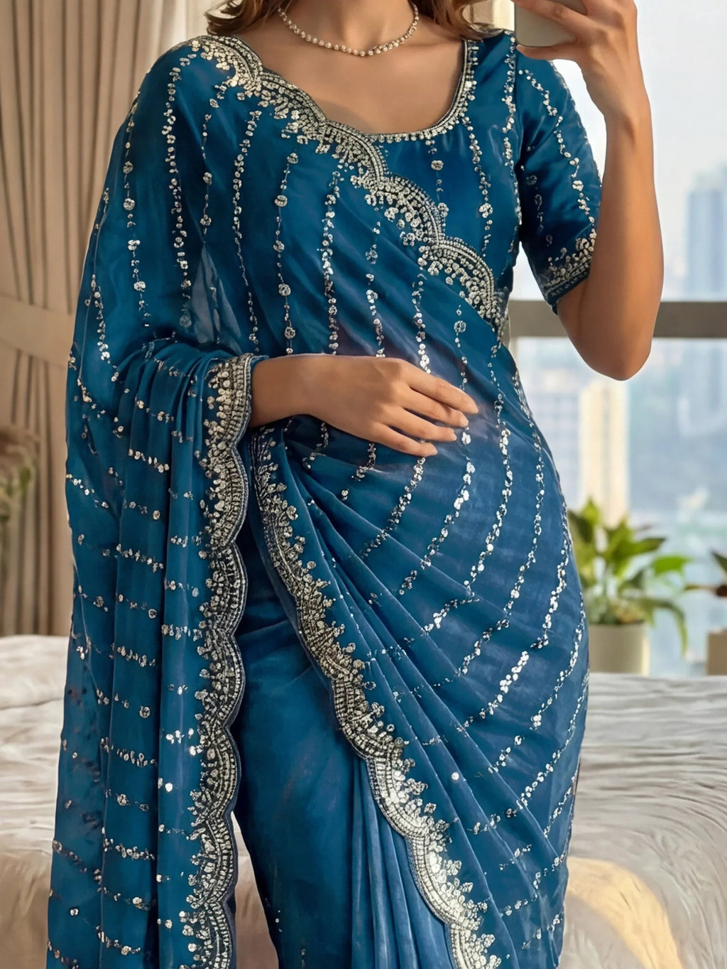 Teal Captivating Beads Work Satin Party Wear Saree With Blouse