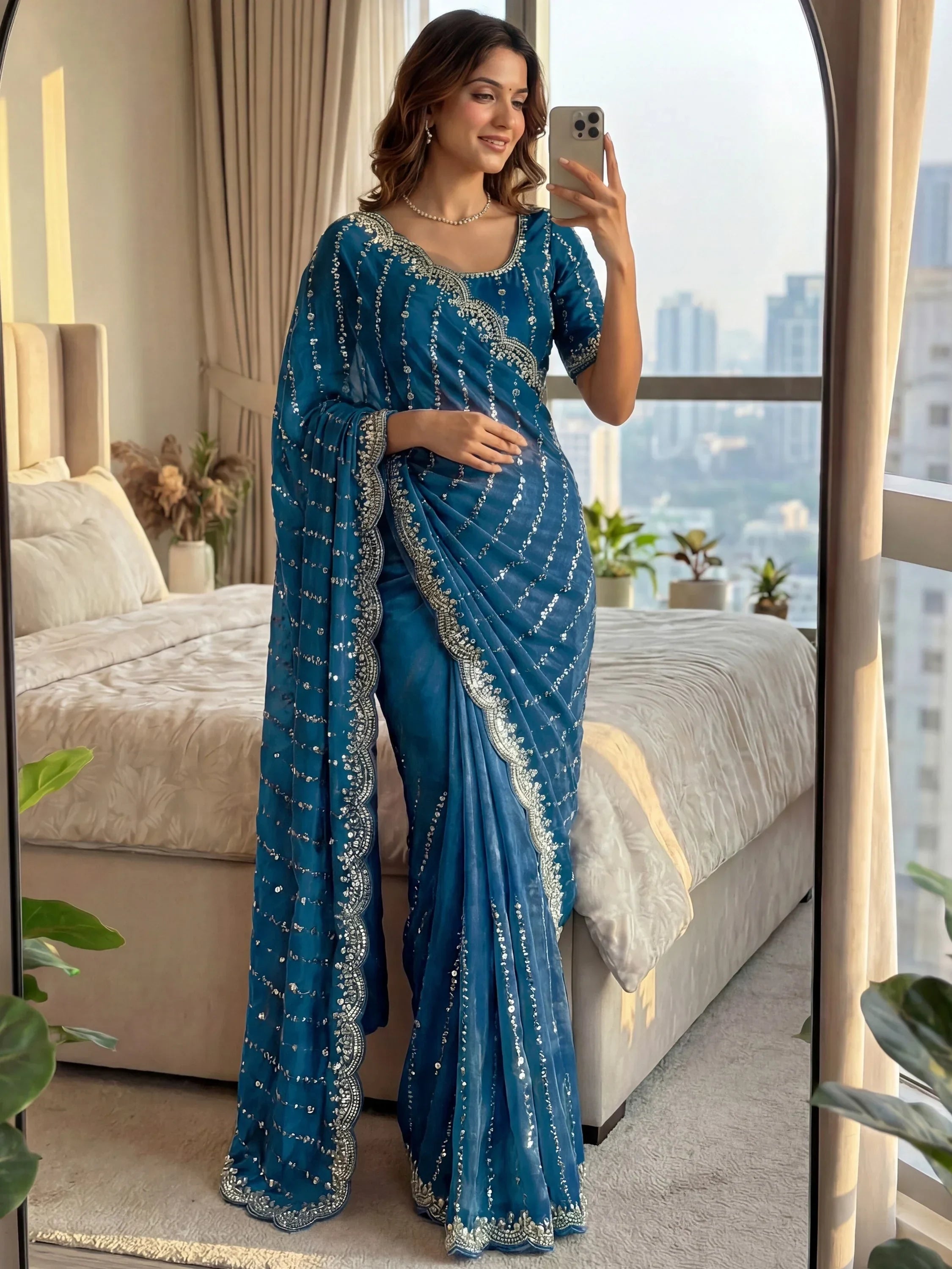 Teal Captivating Beads Work Satin Party Wear Saree With Blouse