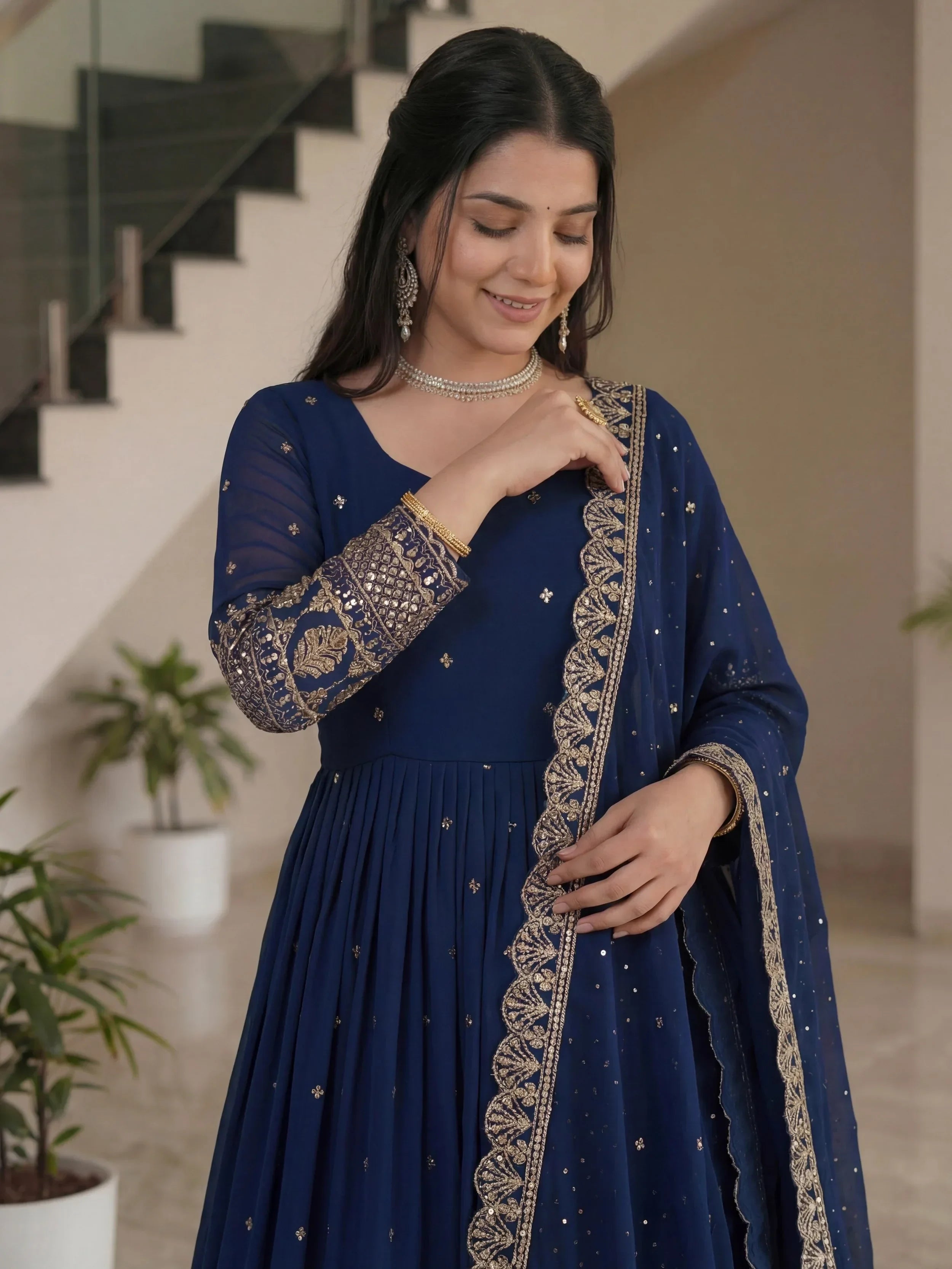 Blue Impressive Embroidered Silk Festive Wear Gown With Dupatta