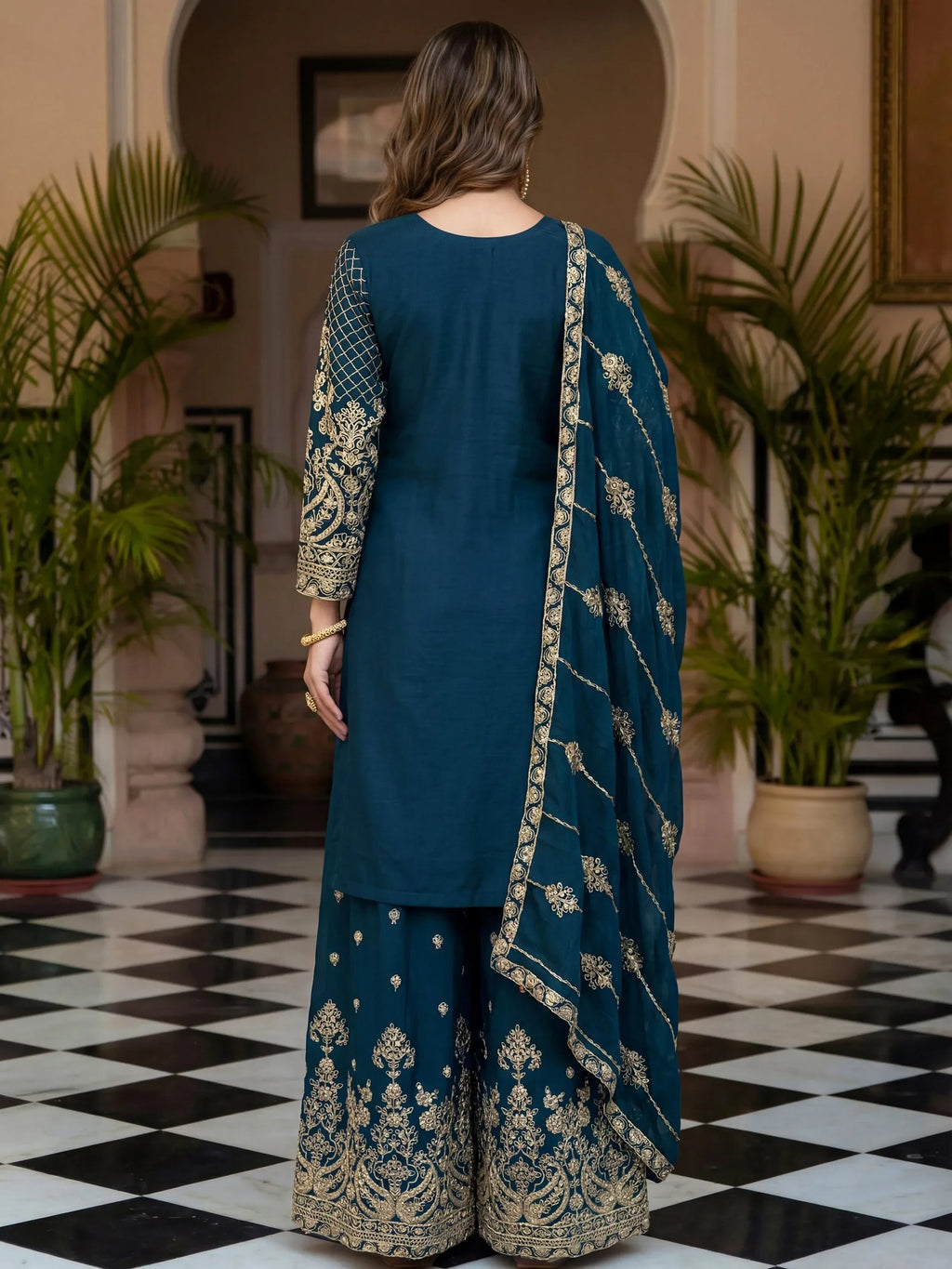 Blue Precious Zari Embroidered Chinon Festive Wear Palazzo Suit