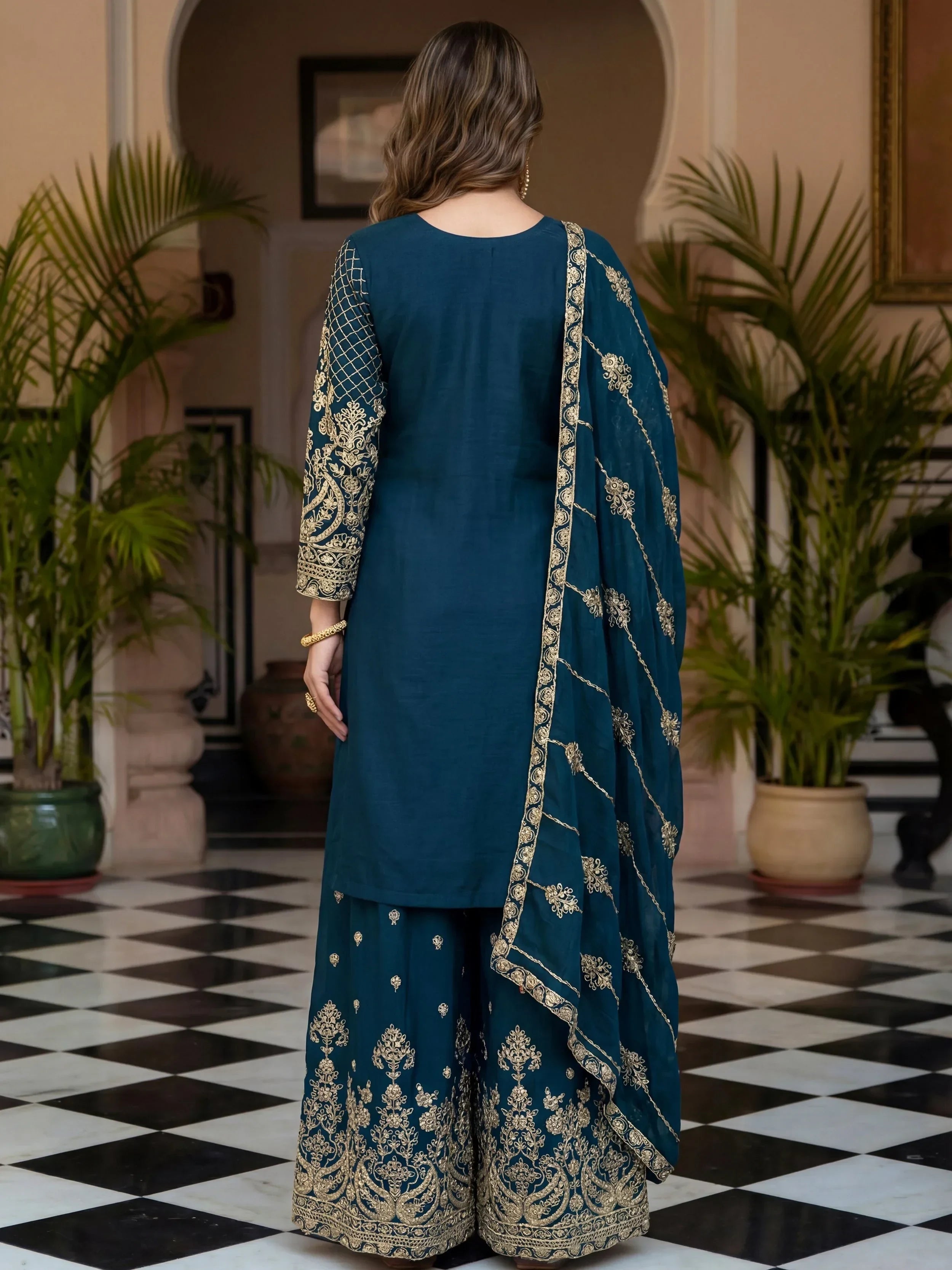 Blue Precious Zari Embroidered Chinon Festive Wear Palazzo Suit