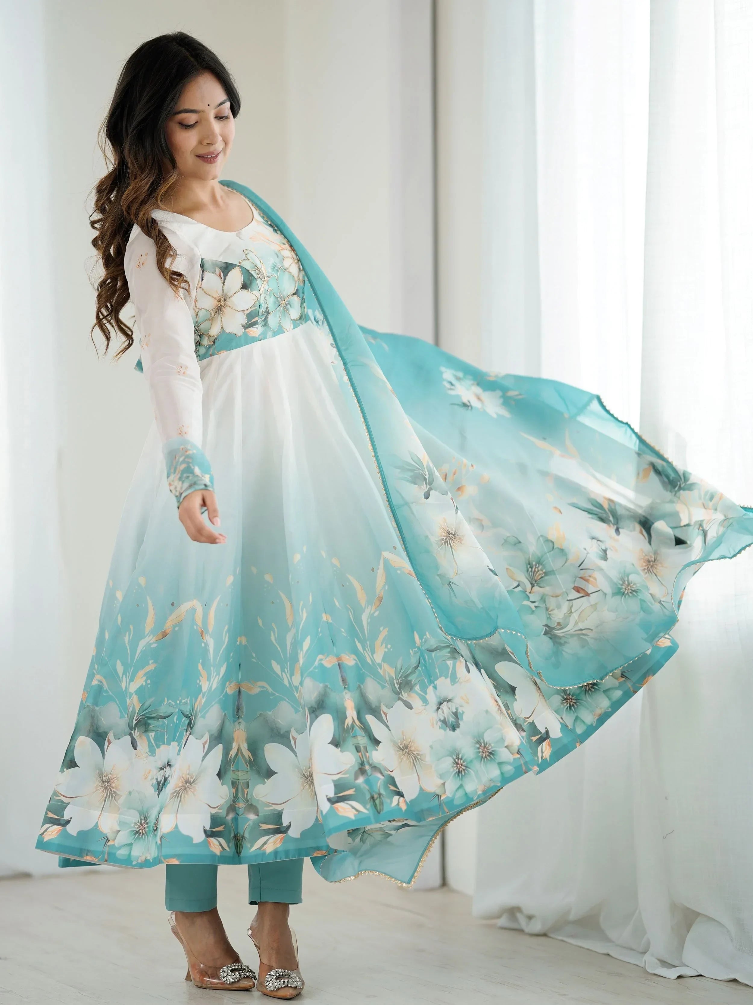 Blue Alluring Organza Floral Printed Festival Wear Anarkali Suit