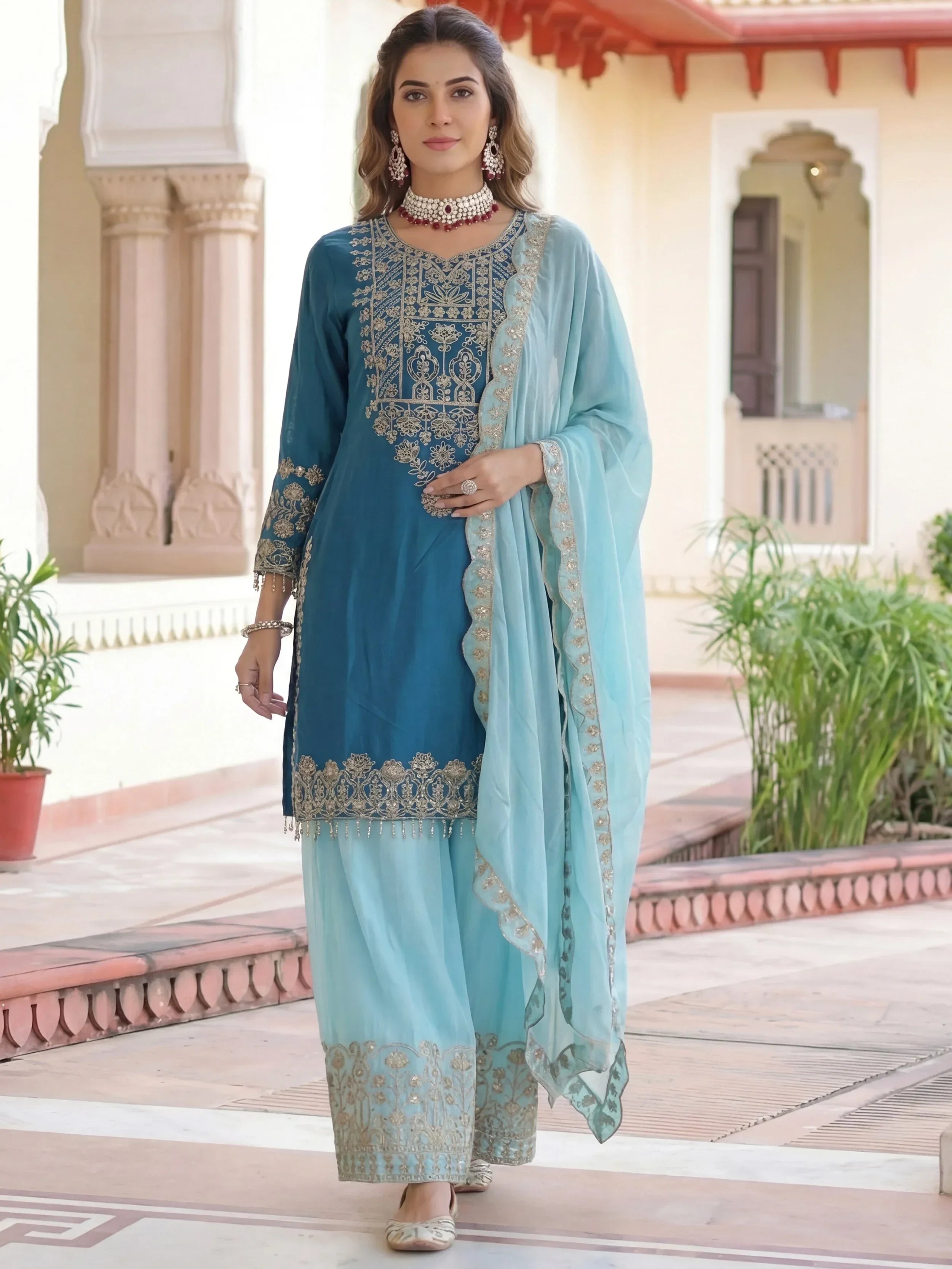 Teal Fabulous Embroidered Chinon Festival Wear Palazzo Suit