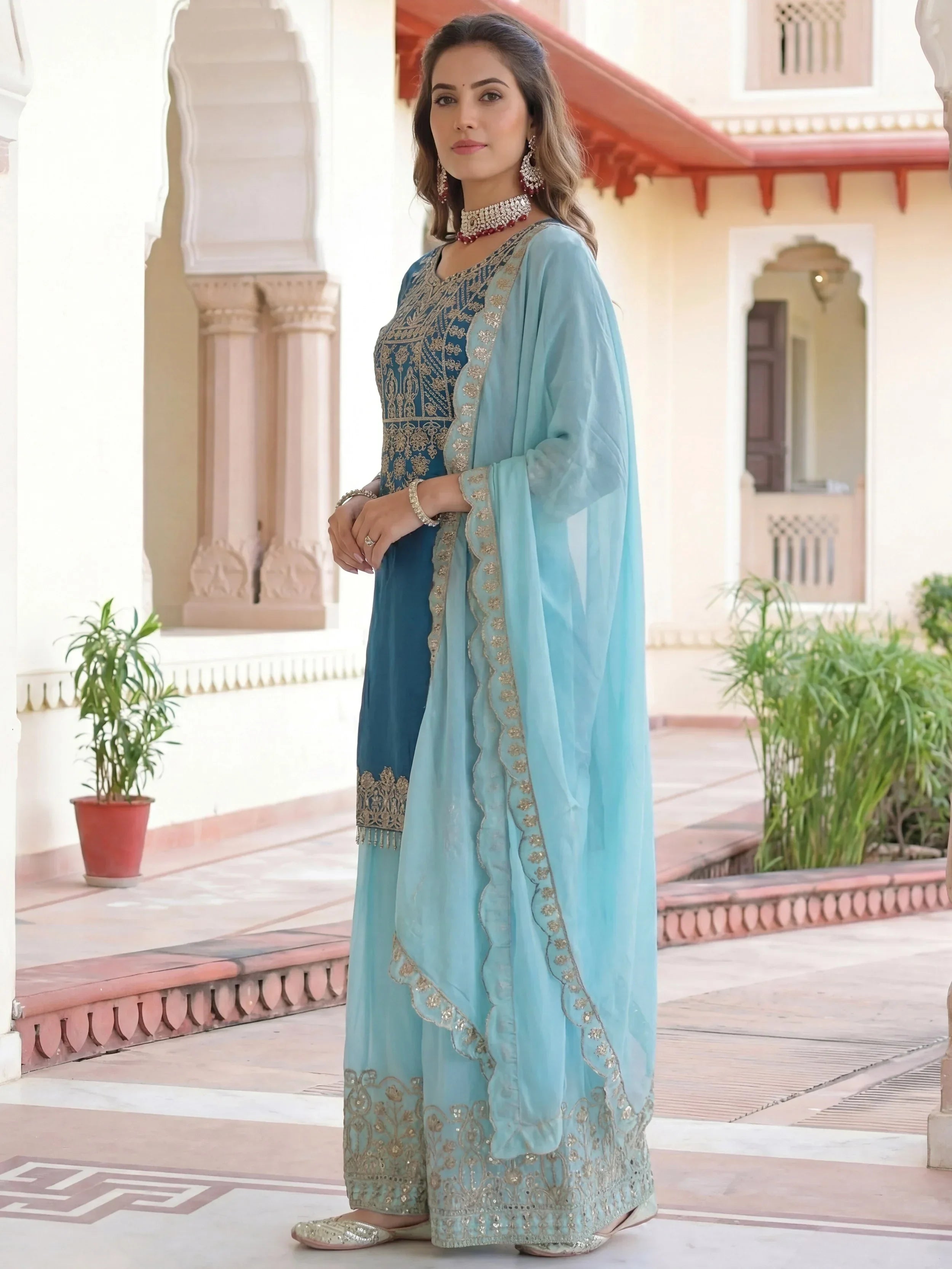 Teal Fabulous Embroidered Chinon Festival Wear Palazzo Suit