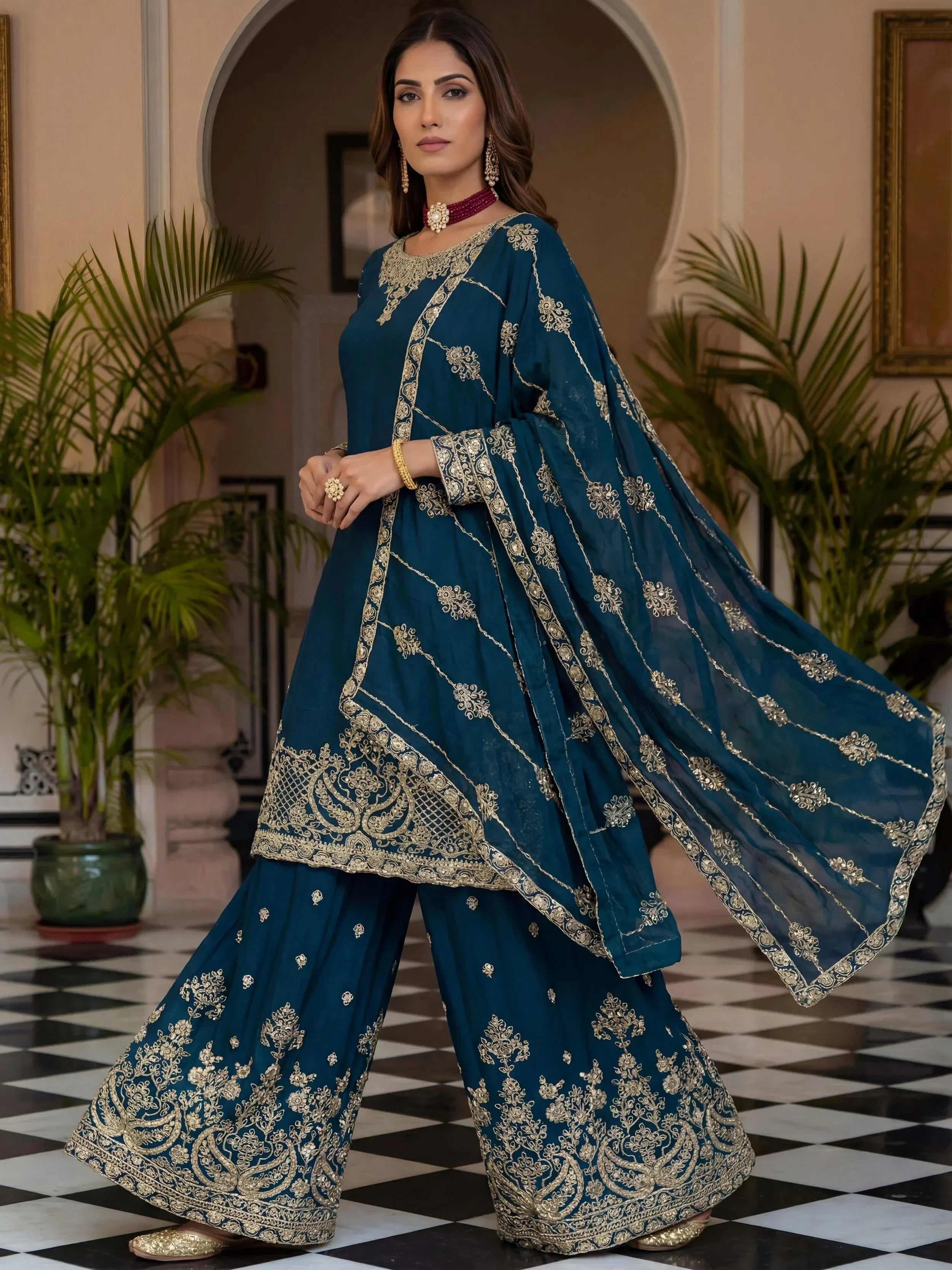 Blue Precious Zari Embroidered Chinon Festive Wear Palazzo Suit