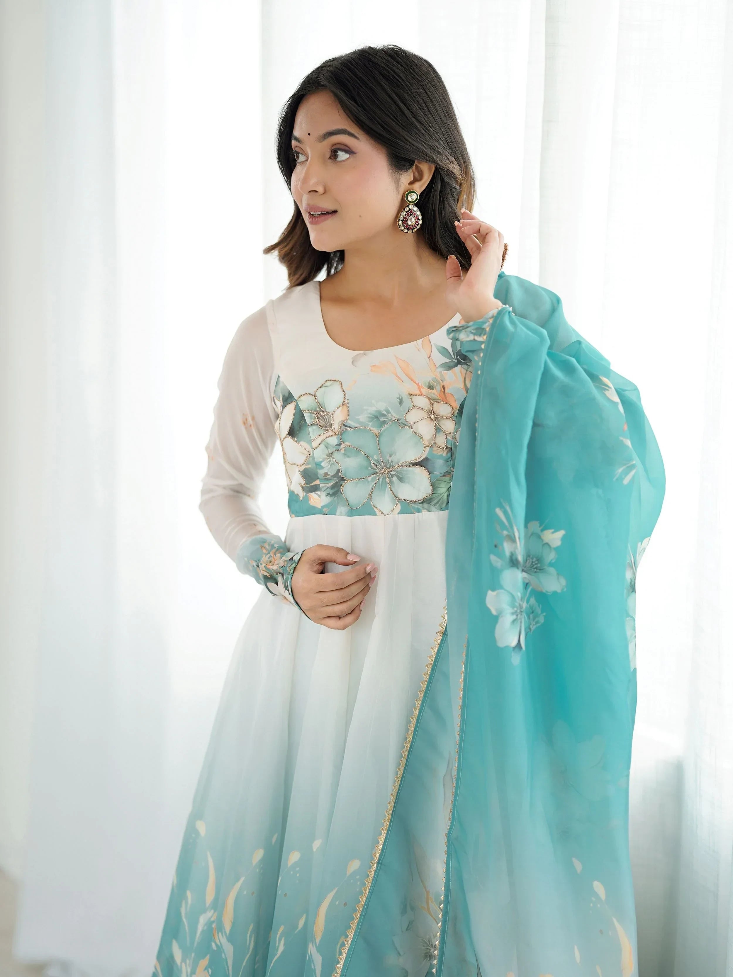 Blue Alluring Organza Floral Printed Festival Wear Anarkali Suit