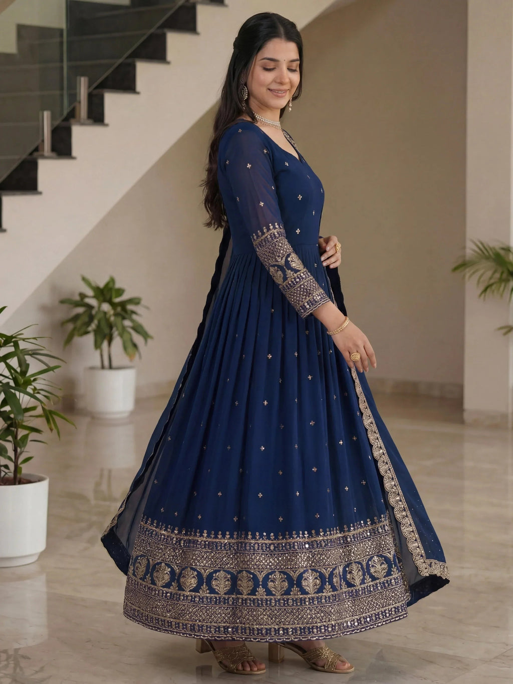 Blue Impressive Embroidered Silk Festive Wear Gown With Dupatta
