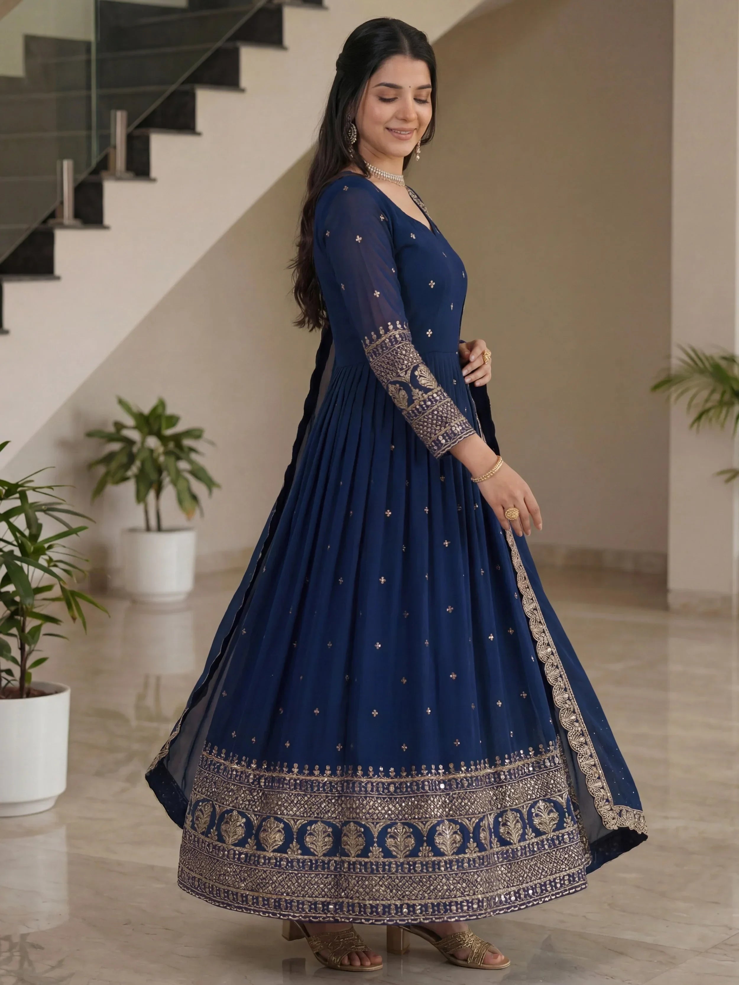 Blue Impressive Embroidered Silk Festive Wear Gown With Dupatta