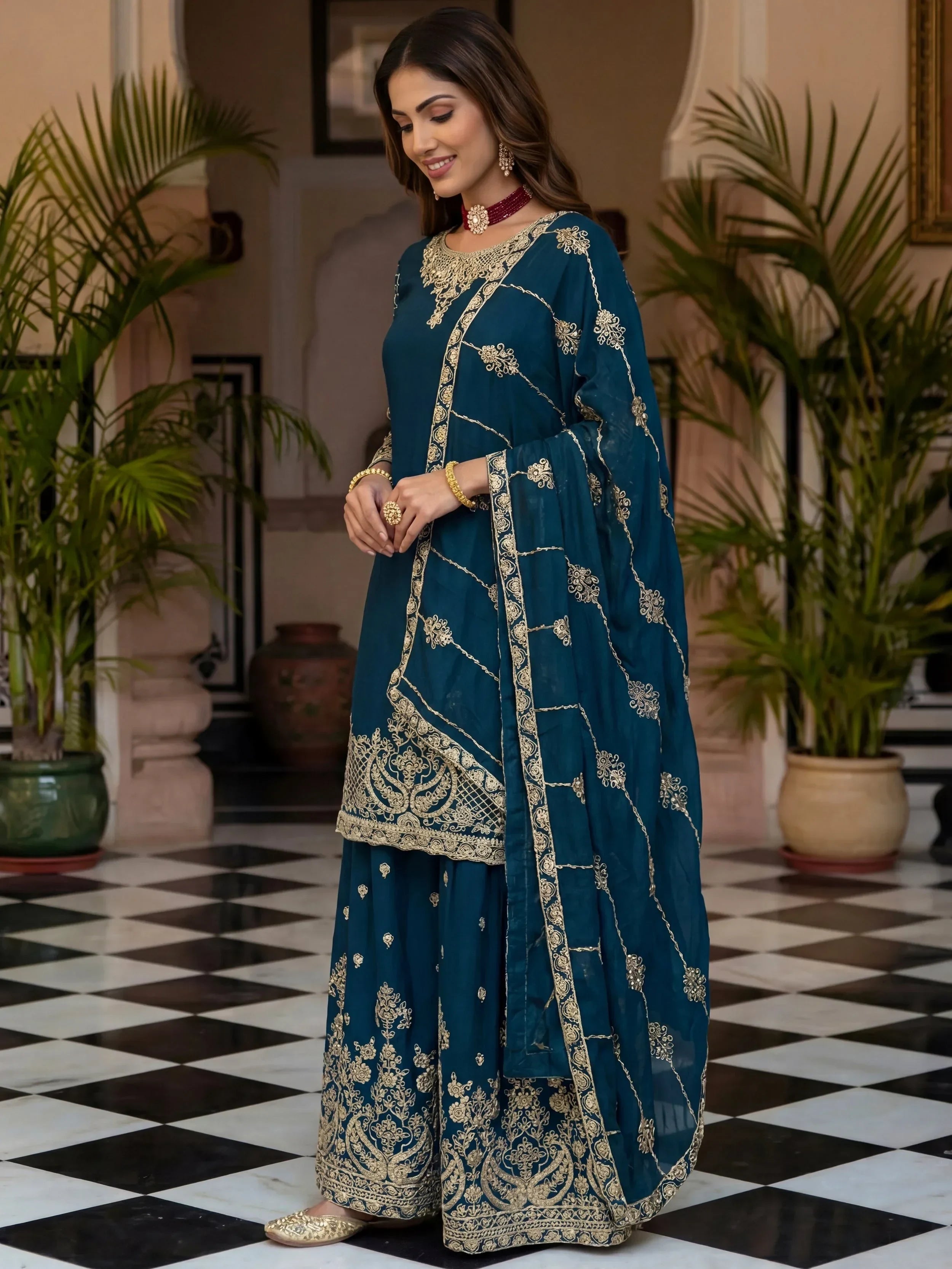 Blue Precious Zari Embroidered Chinon Festive Wear Palazzo Suit
