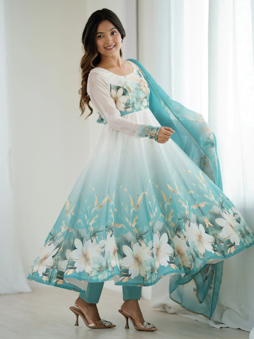 Blue Alluring Organza Floral Printed Festival Wear Anarkali Suit
