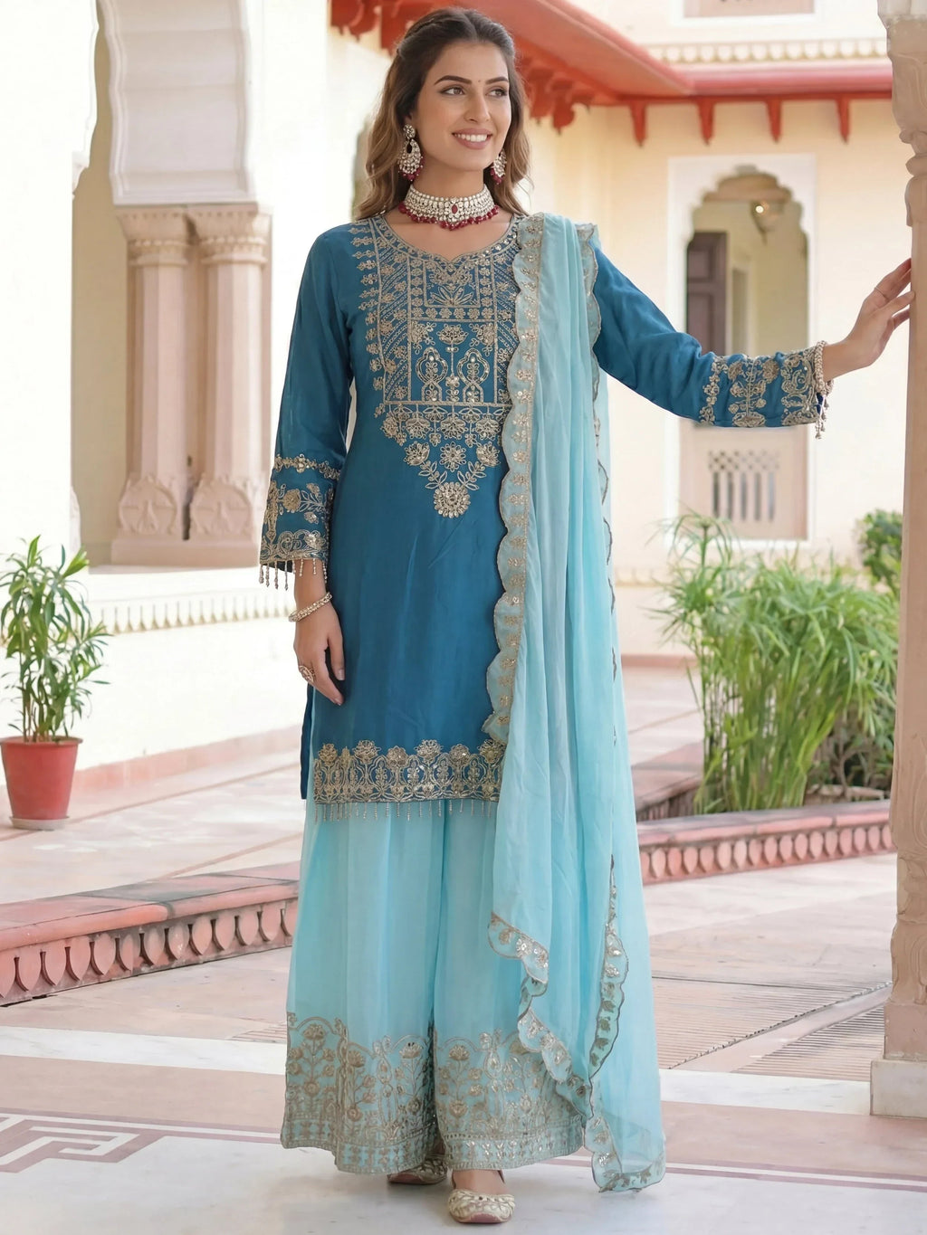 Teal Fabulous Embroidered Chinon Festival Wear Palazzo Suit