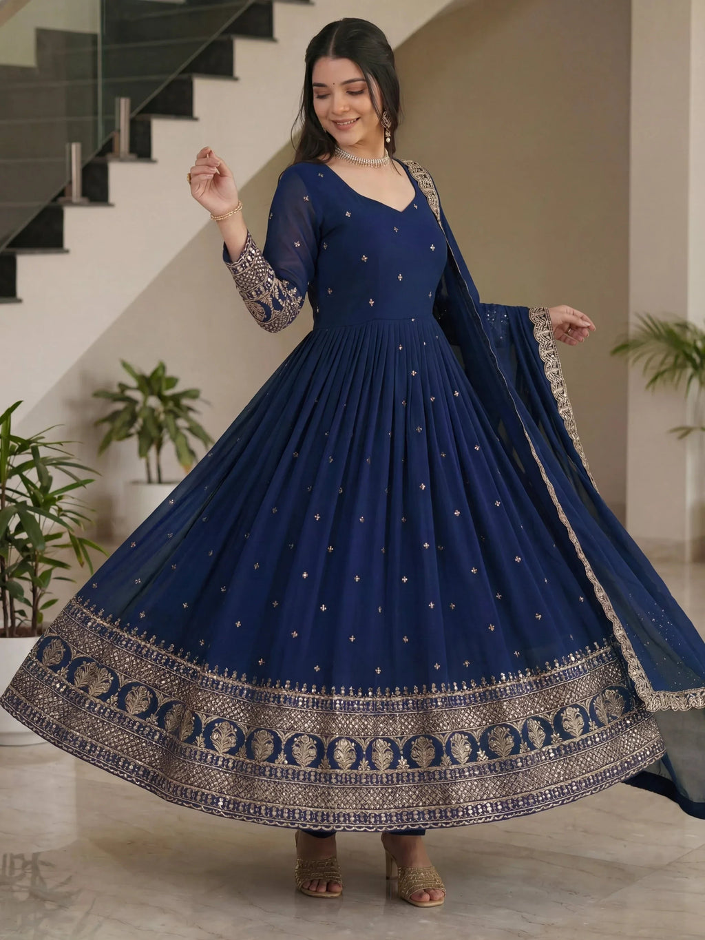 Blue Impressive Embroidered Silk Festive Wear Gown With Dupatta