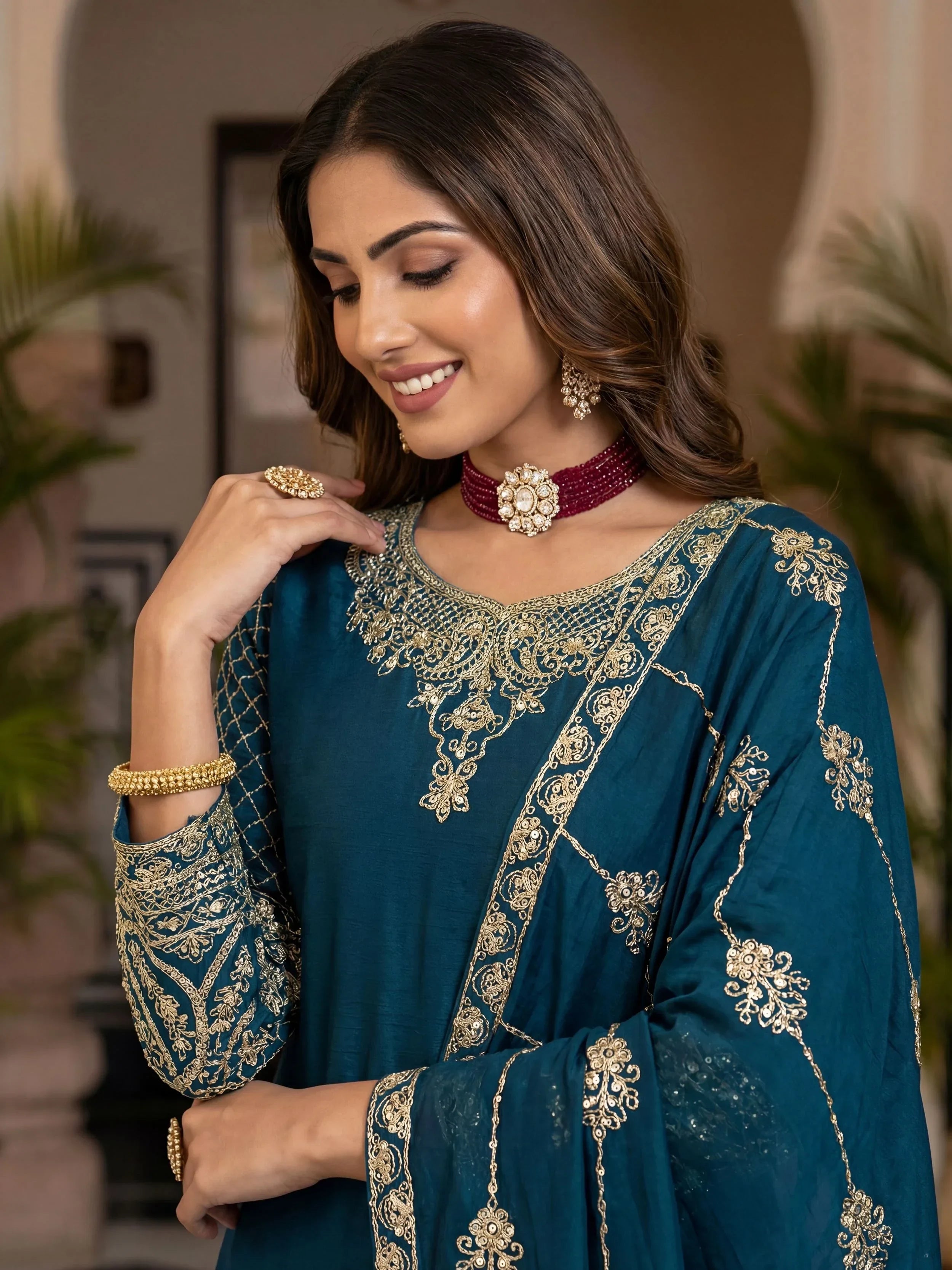 Blue Precious Zari Embroidered Chinon Festive Wear Palazzo Suit