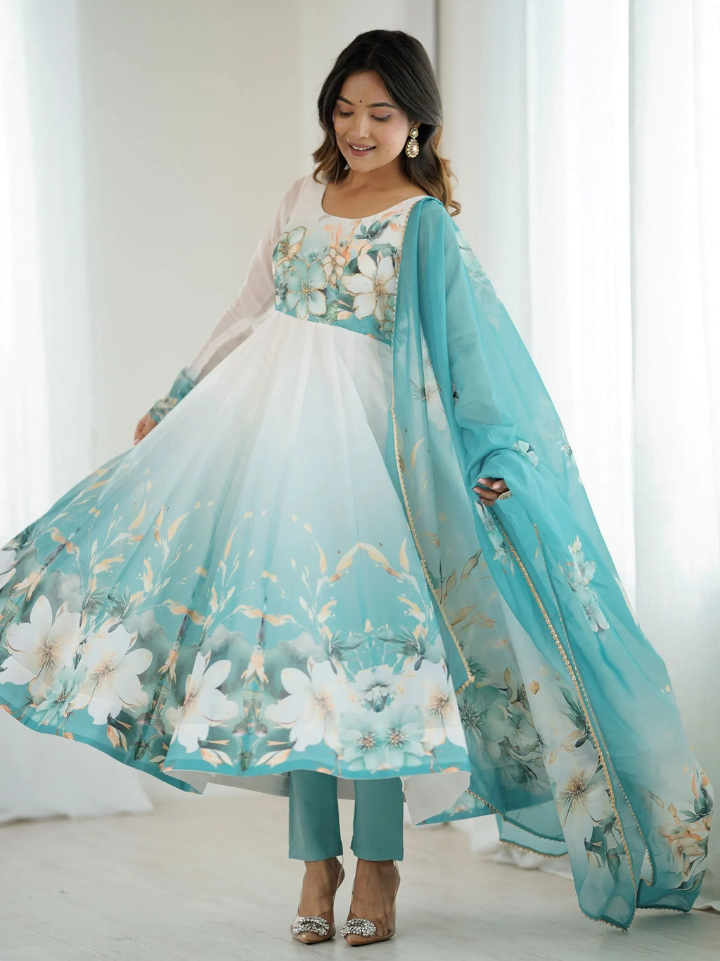 Blue Alluring Organza Floral Printed Festival Wear Anarkali Suit