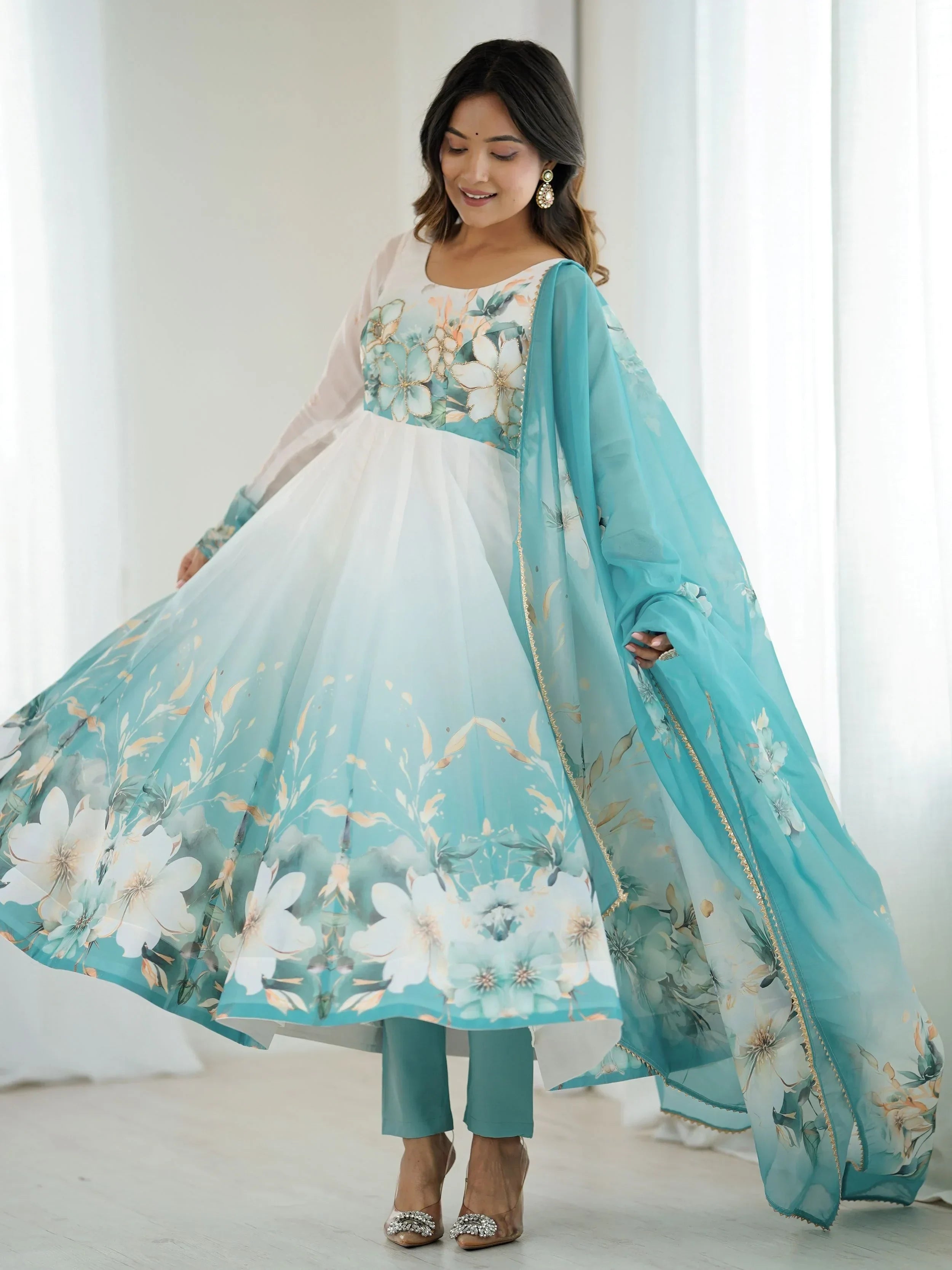 Blue Alluring Organza Floral Printed Festival Wear Anarkali Suit