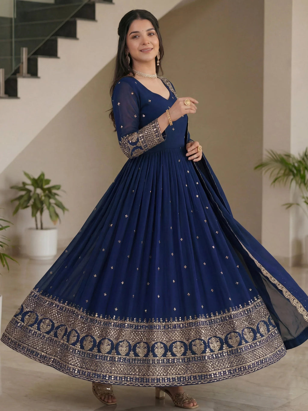 Blue Impressive Embroidered Silk Festive Wear Gown With Dupatta