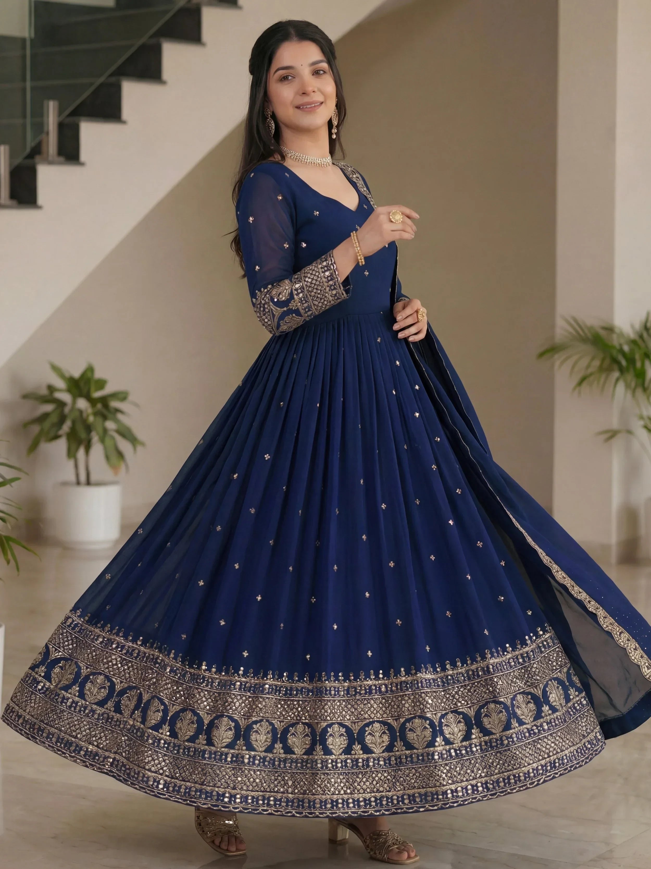 Blue Impressive Embroidered Silk Festive Wear Gown With Dupatta