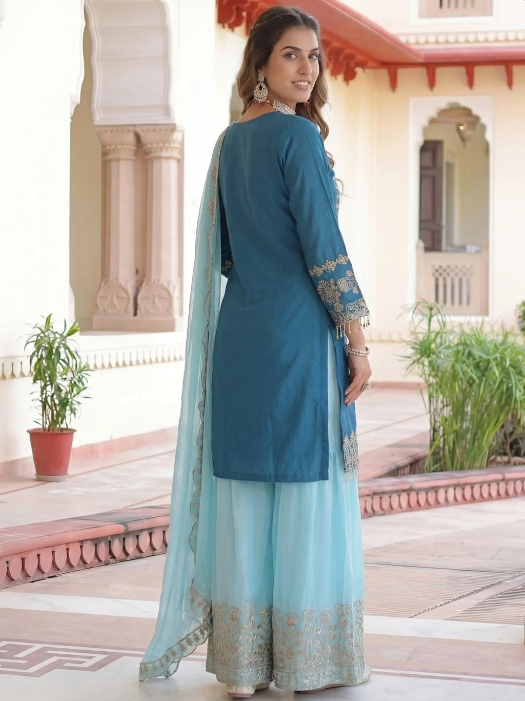 Teal Fabulous Embroidered Chinon Festival Wear Palazzo Suit