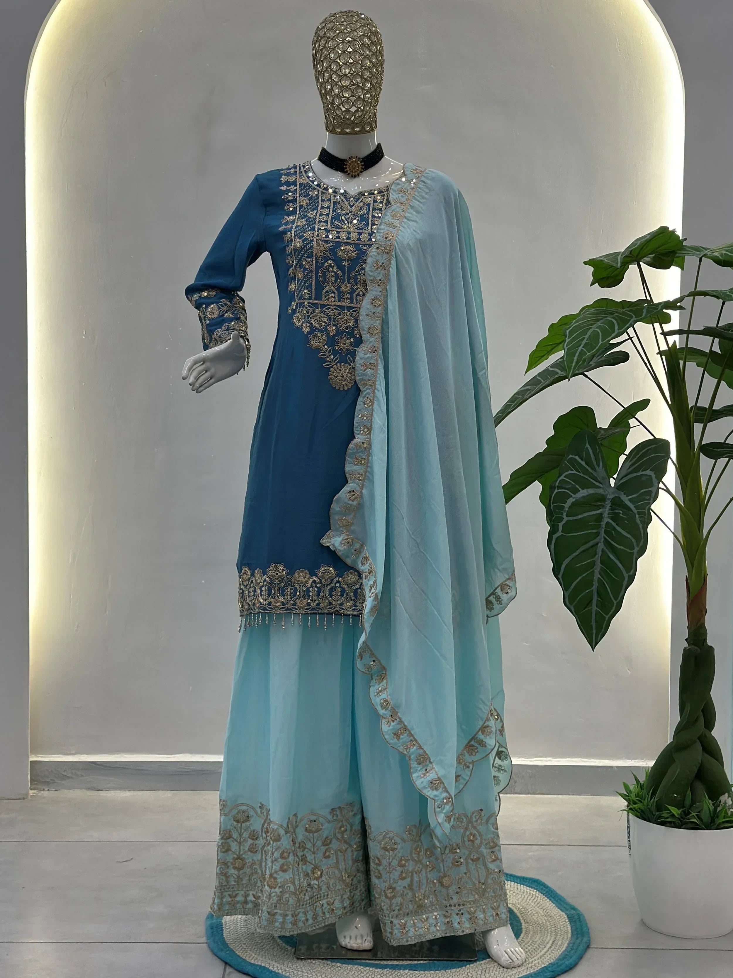 Teal Fabulous Embroidered Chinon Festival Wear Palazzo Suit