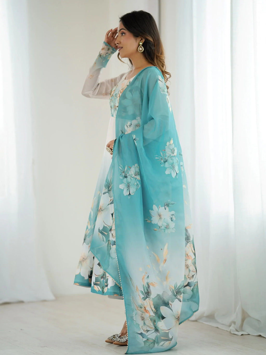 Blue Alluring Organza Floral Printed Festival Wear Anarkali Suit