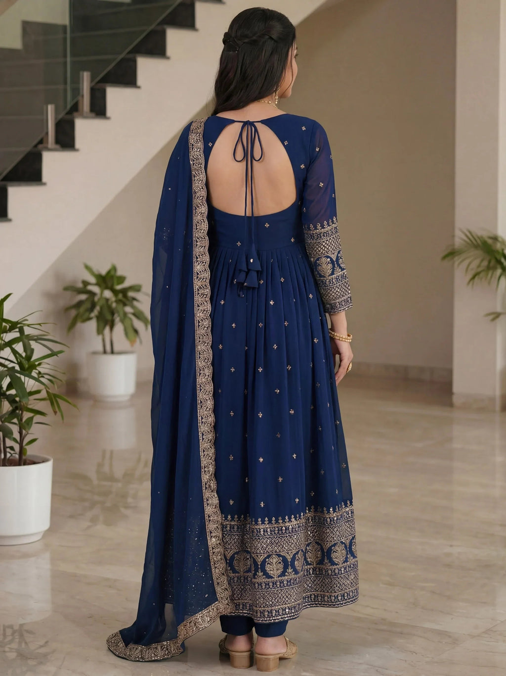 Blue Impressive Embroidered Silk Festive Wear Gown With Dupatta