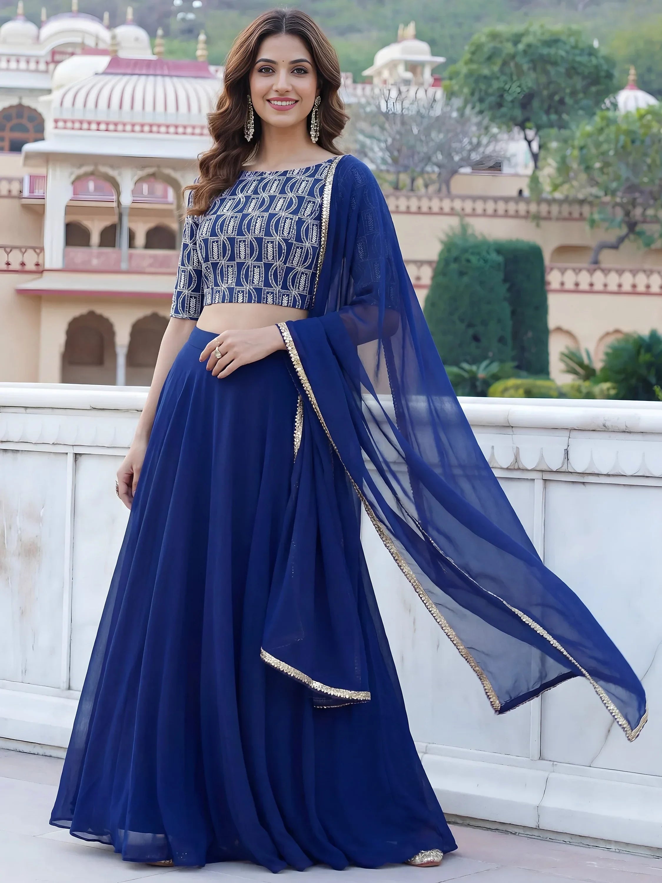 Royal Blue Ravishing Sequins Georgette Party Wear Lehenga Choli With Dupatta