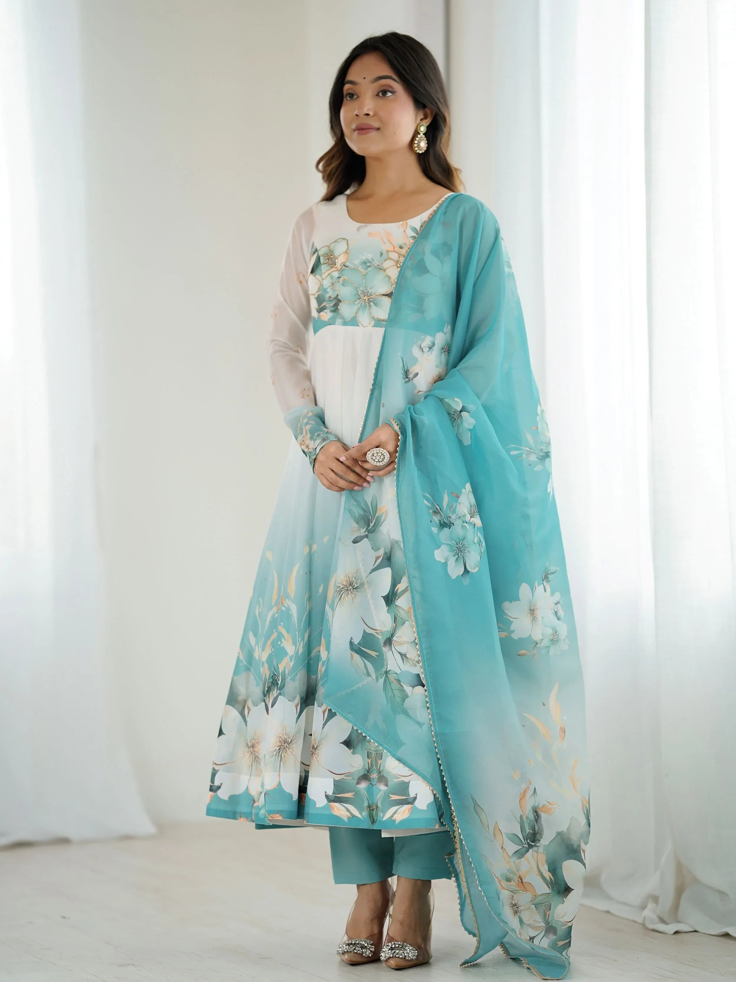Blue Alluring Organza Floral Printed Festival Wear Anarkali Suit
