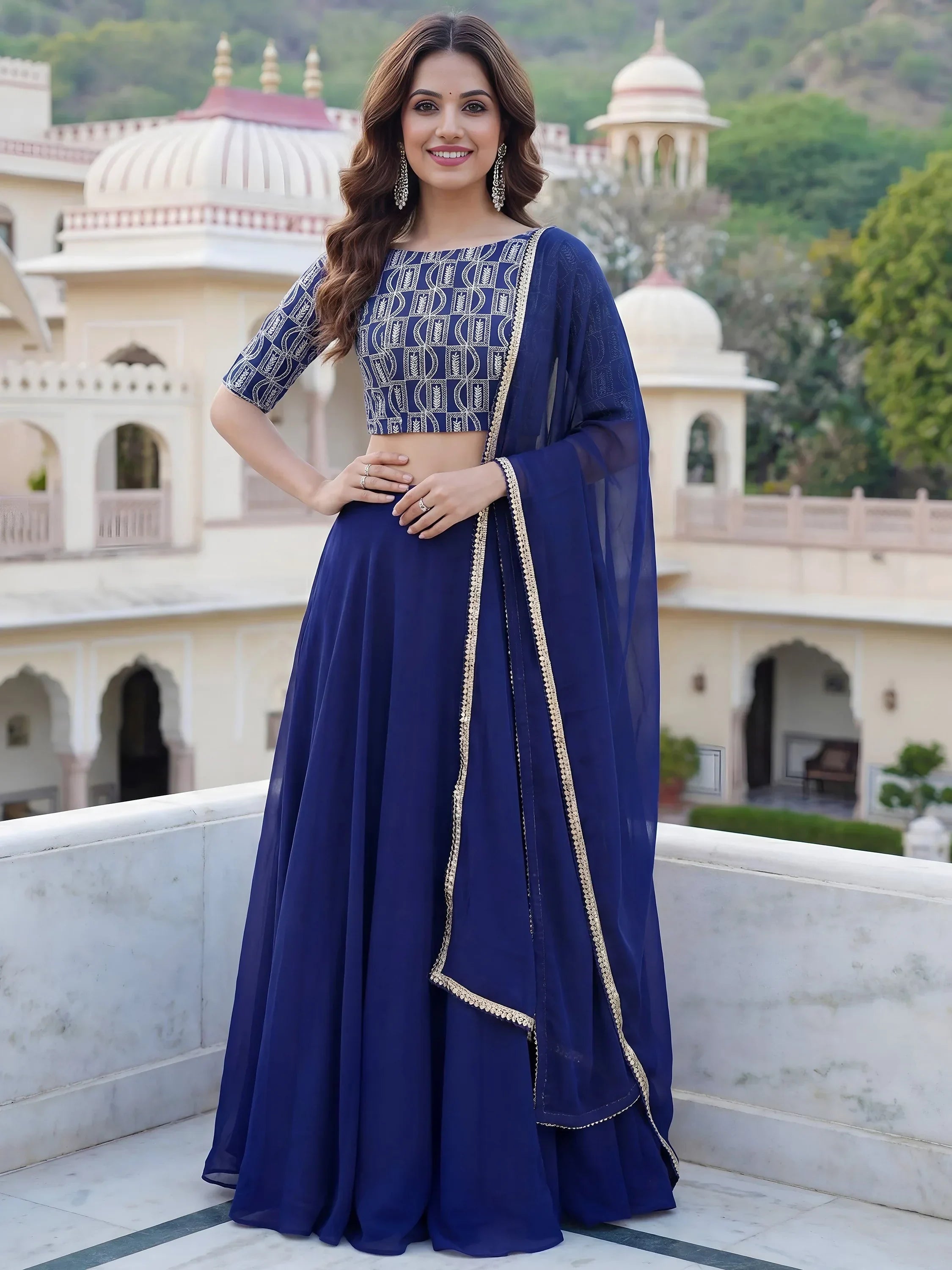 Royal Blue Ravishing Sequins Georgette Party Wear Lehenga Choli With Dupatta