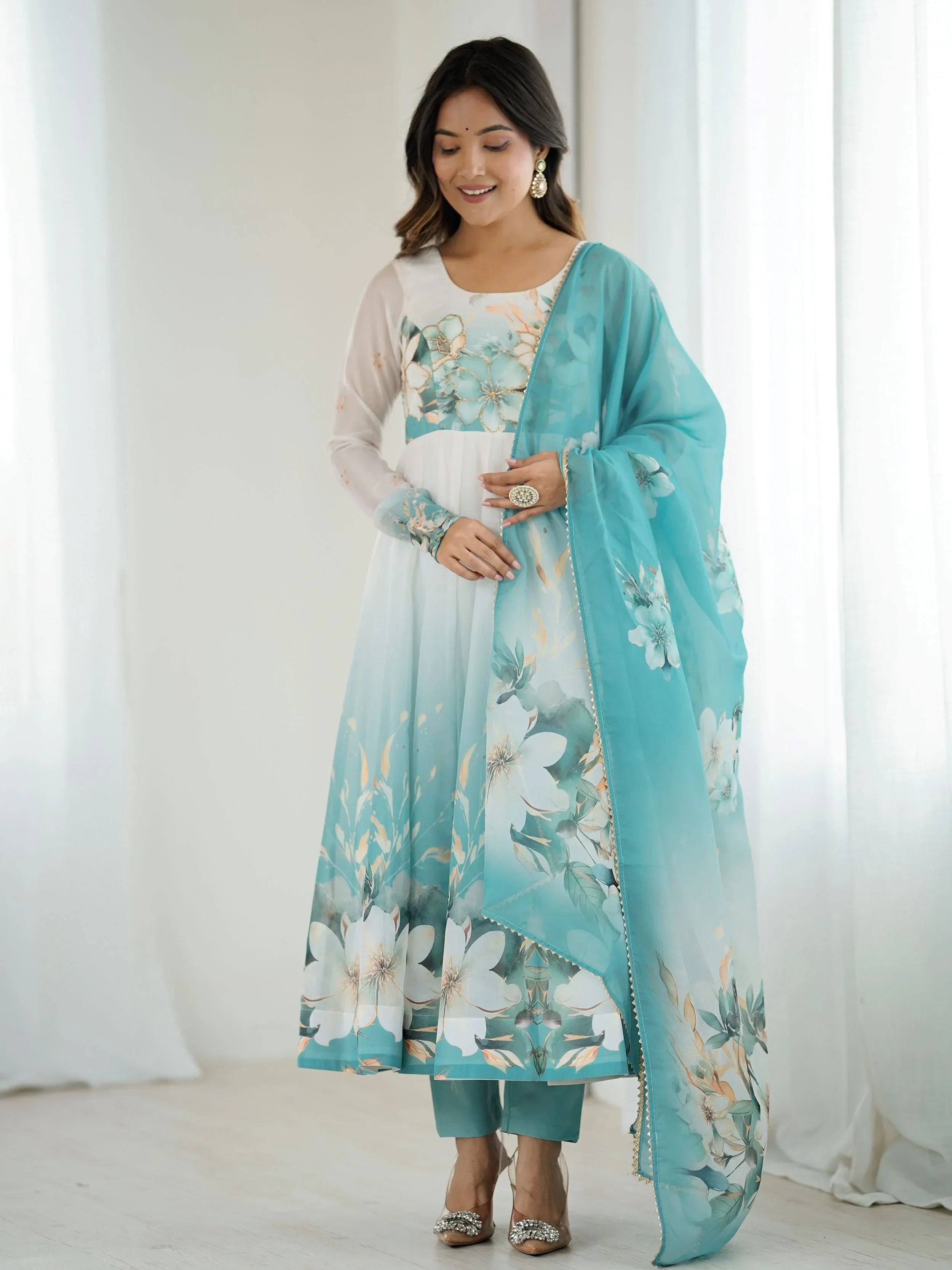Blue Alluring Organza Floral Printed Festival Wear Anarkali Suit