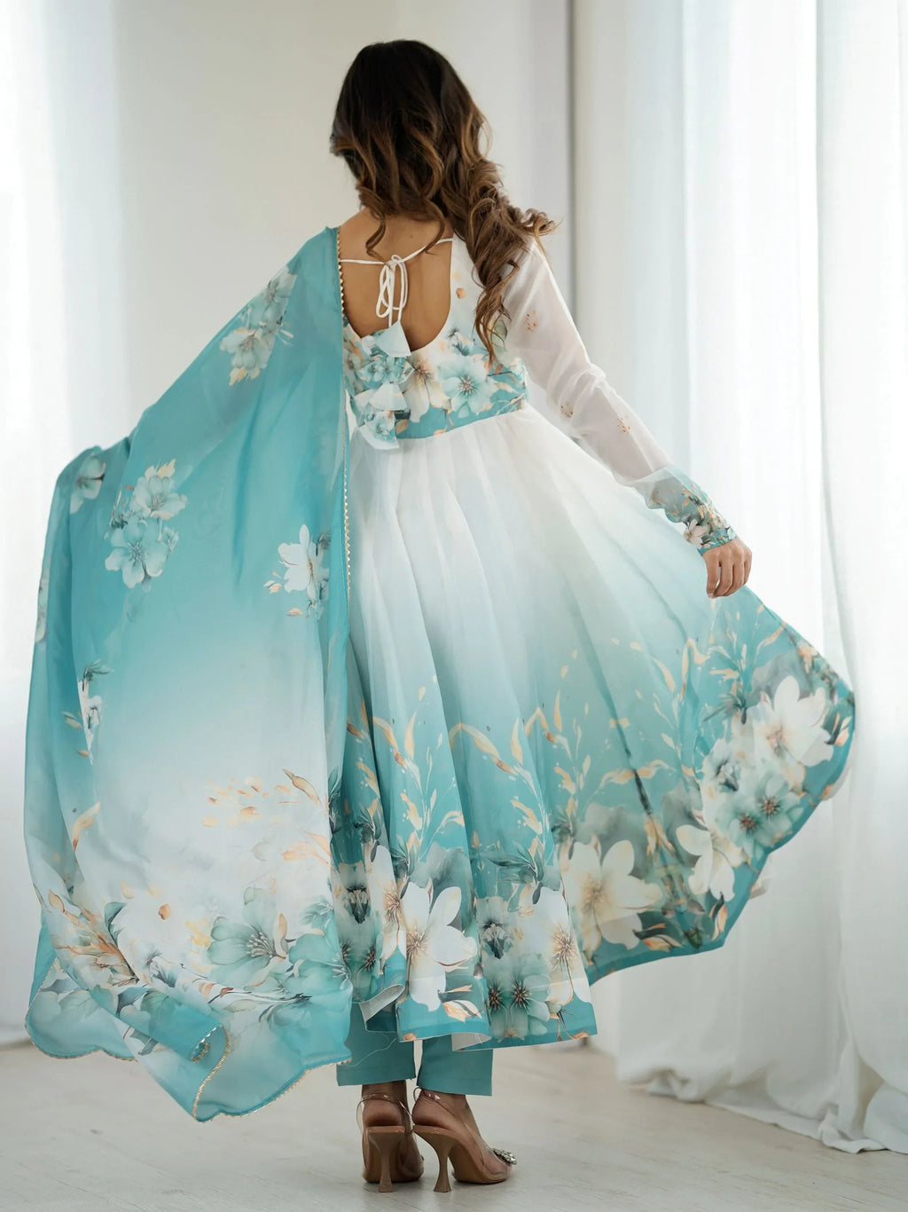 Blue Alluring Organza Floral Printed Festival Wear Anarkali Suit