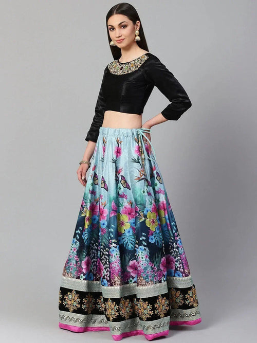 Blue & Solid Semi-Stitched Myntra Lehenga & Unstitched Blouse with Dupatta