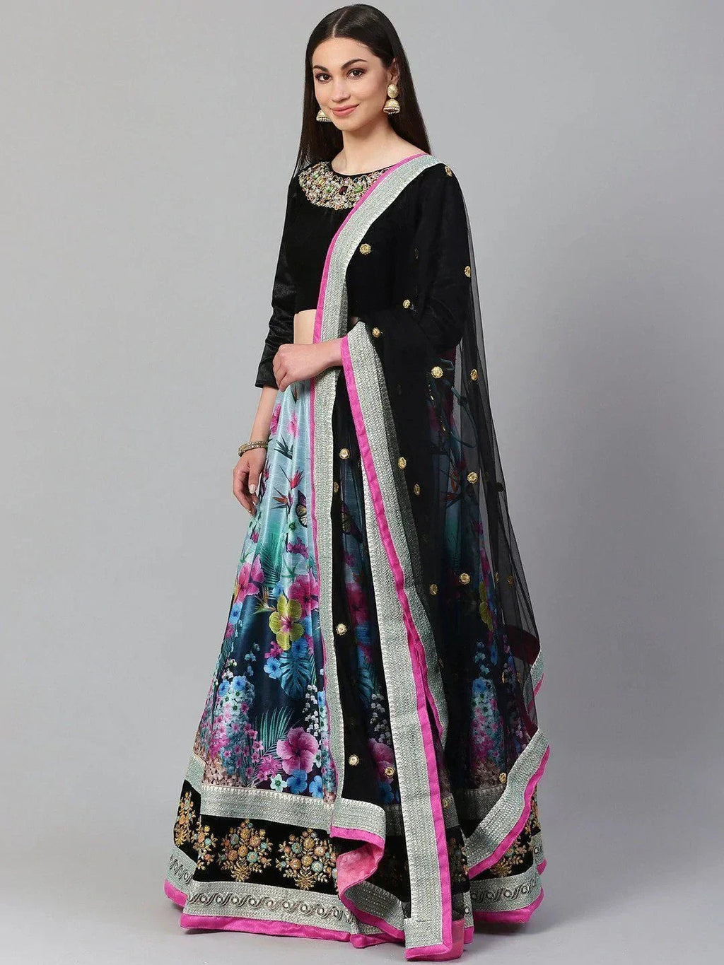 Blue & Solid Semi-Stitched Myntra Lehenga & Unstitched Blouse with Dupatta