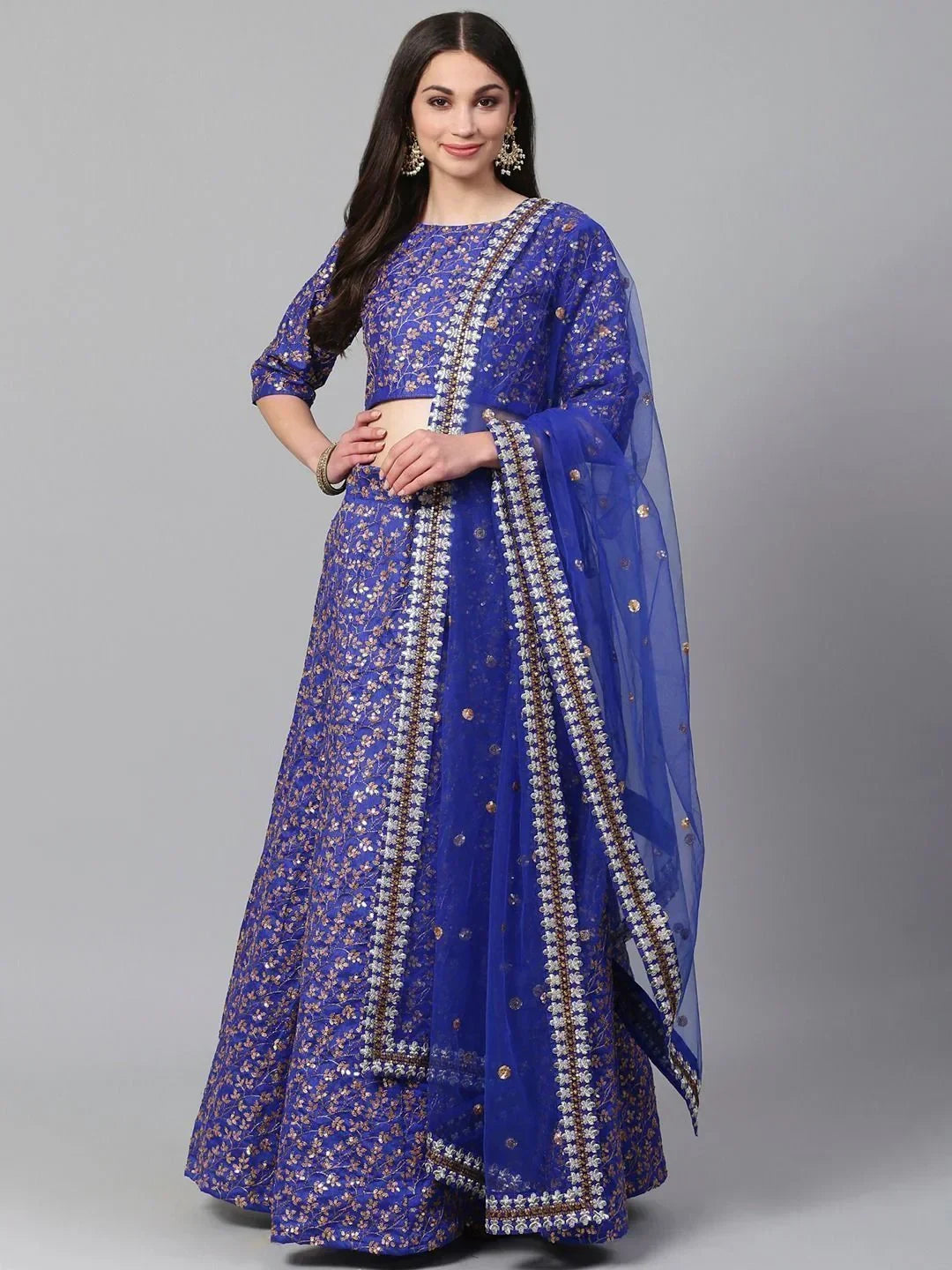 Blue & Golden Semi-Stitched Myntra Bridal Lehenga & Unstitched Blouse with Dupatta