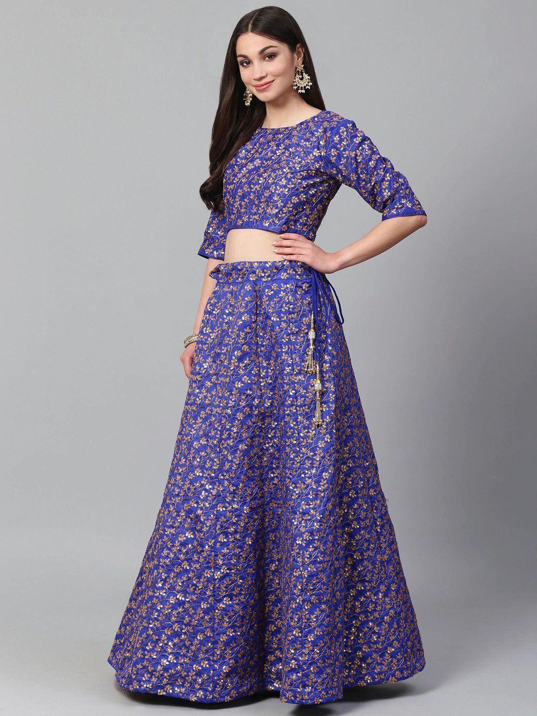 Blue & Golden Semi-Stitched Myntra Bridal Lehenga & Unstitched Blouse with Dupatta