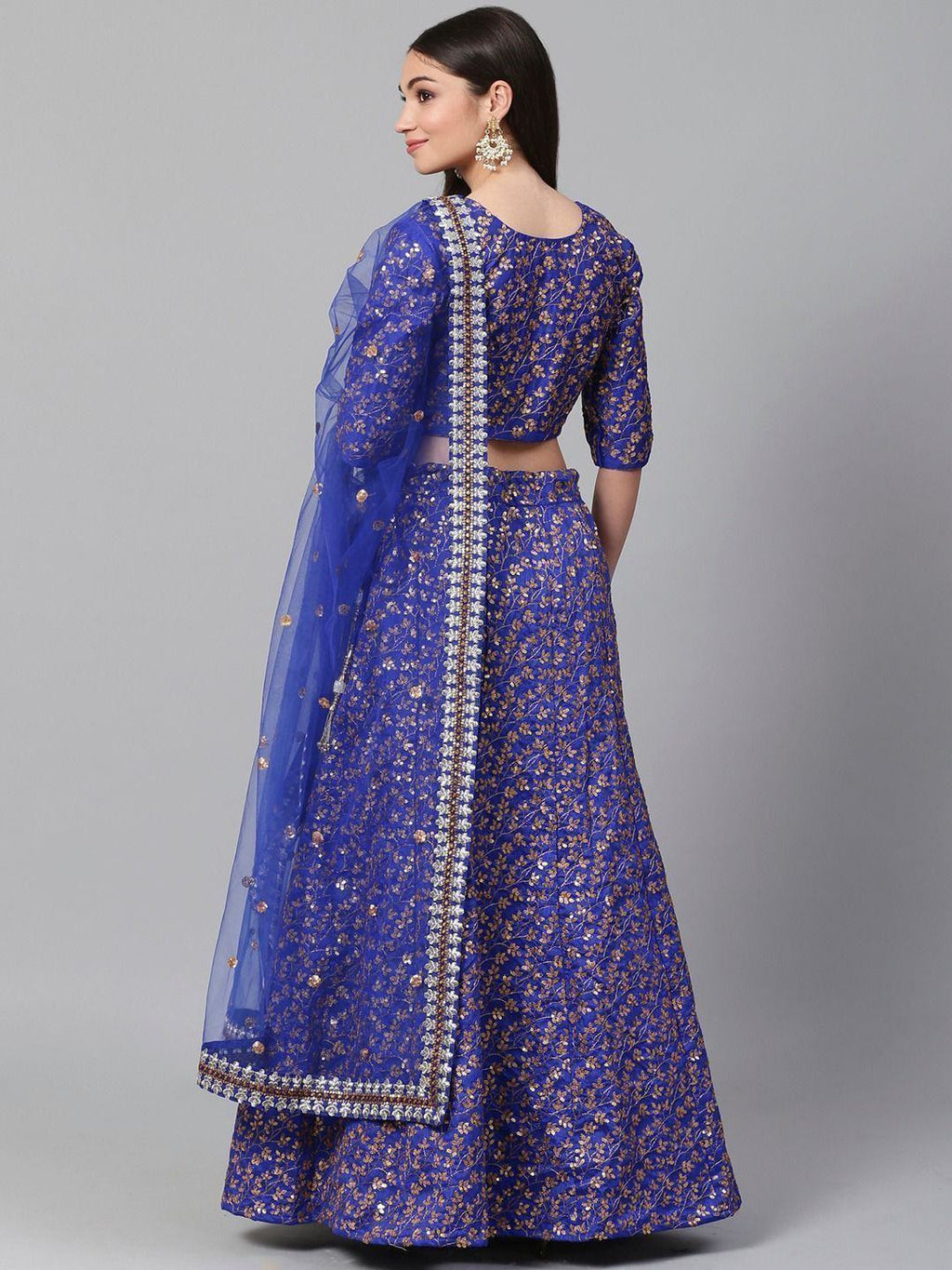 Blue & Golden Semi-Stitched Myntra Bridal Lehenga & Unstitched Blouse with Dupatta