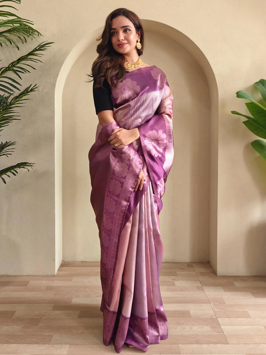 Bold Purple Zari Weaving Festival Saree With Blouse