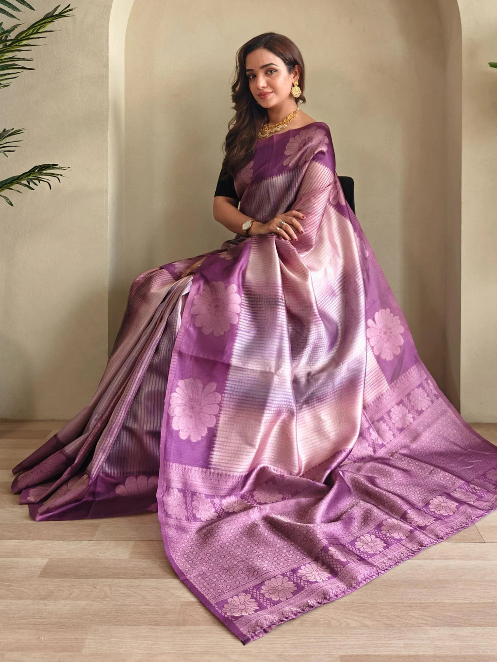Bold Purple Zari Weaving Festival Saree With Blouse