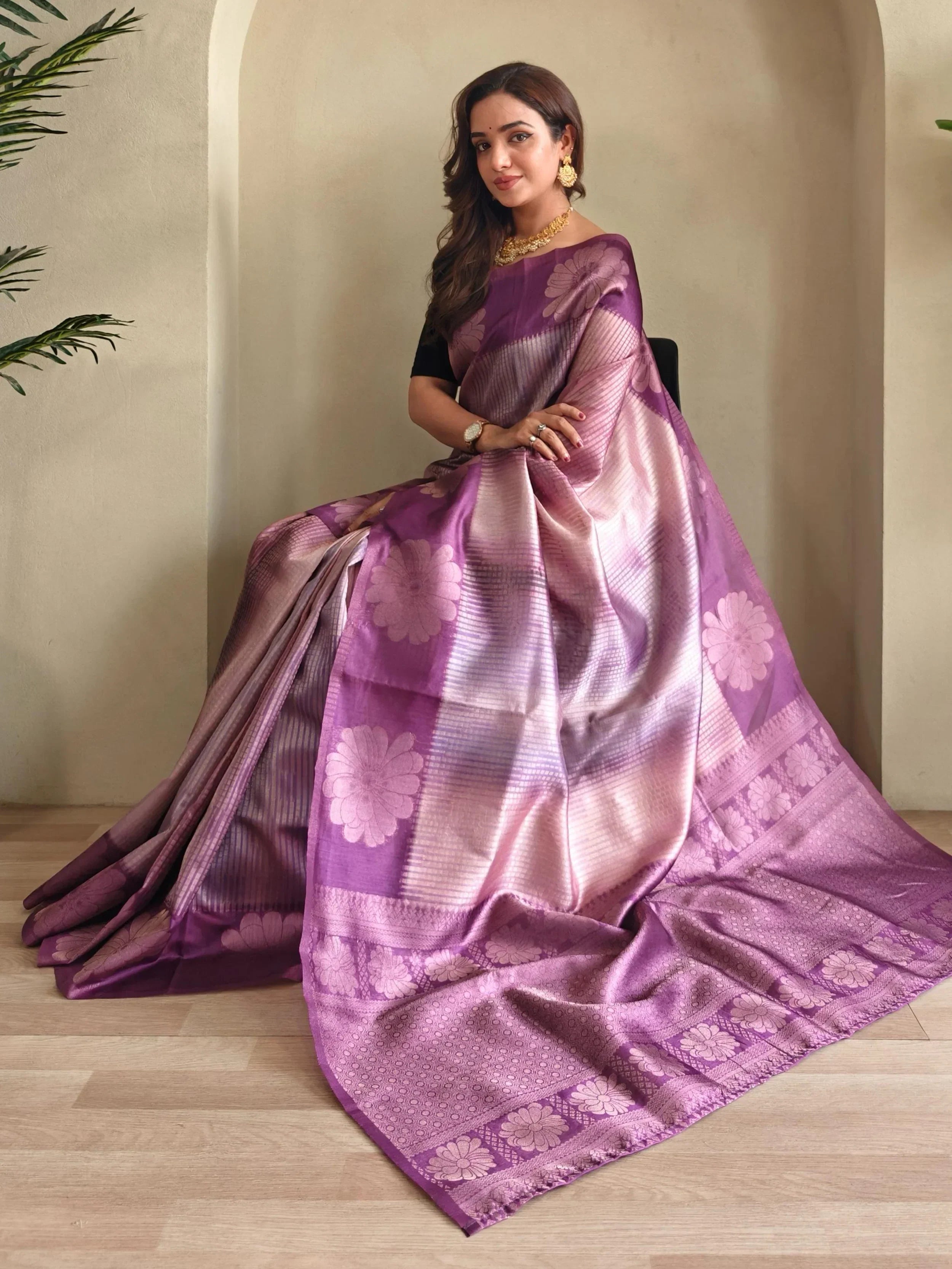 Bold Purple Zari Weaving Festival Saree With Blouse