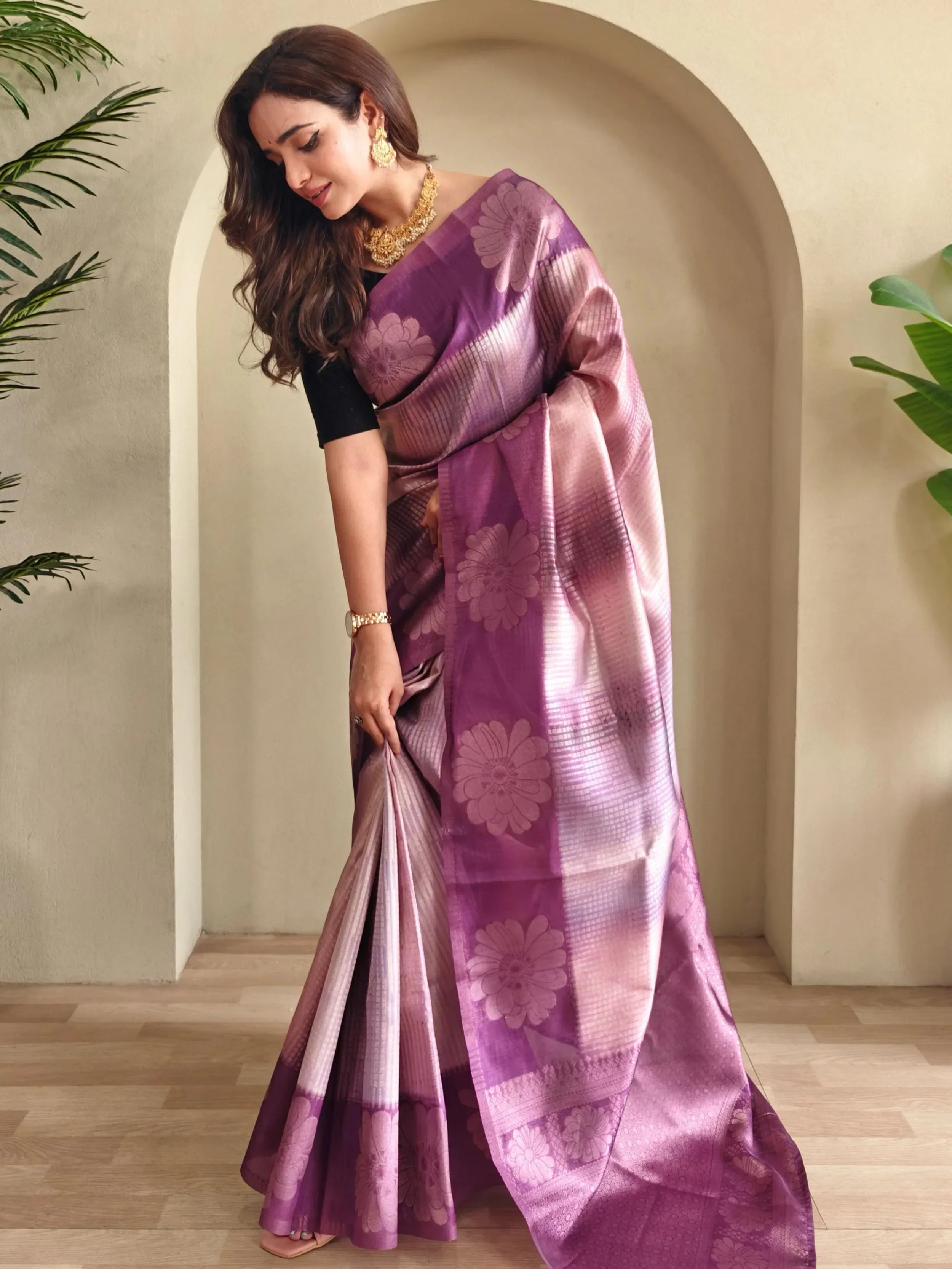 Bold Purple Zari Weaving Festival Saree With Blouse