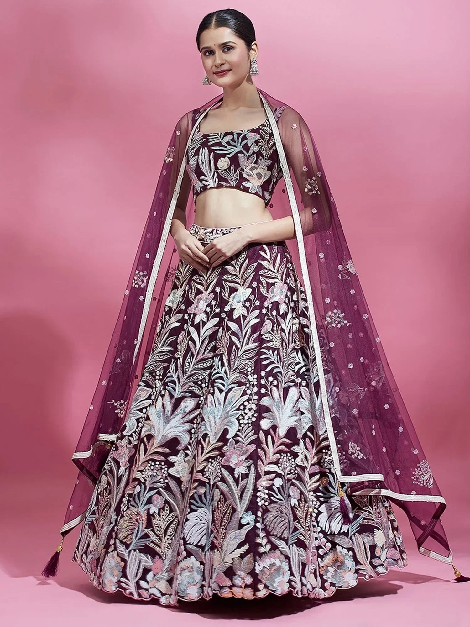 Wine Ravishing Color Sequins Soft Net Party Wear Lehenga Choli
