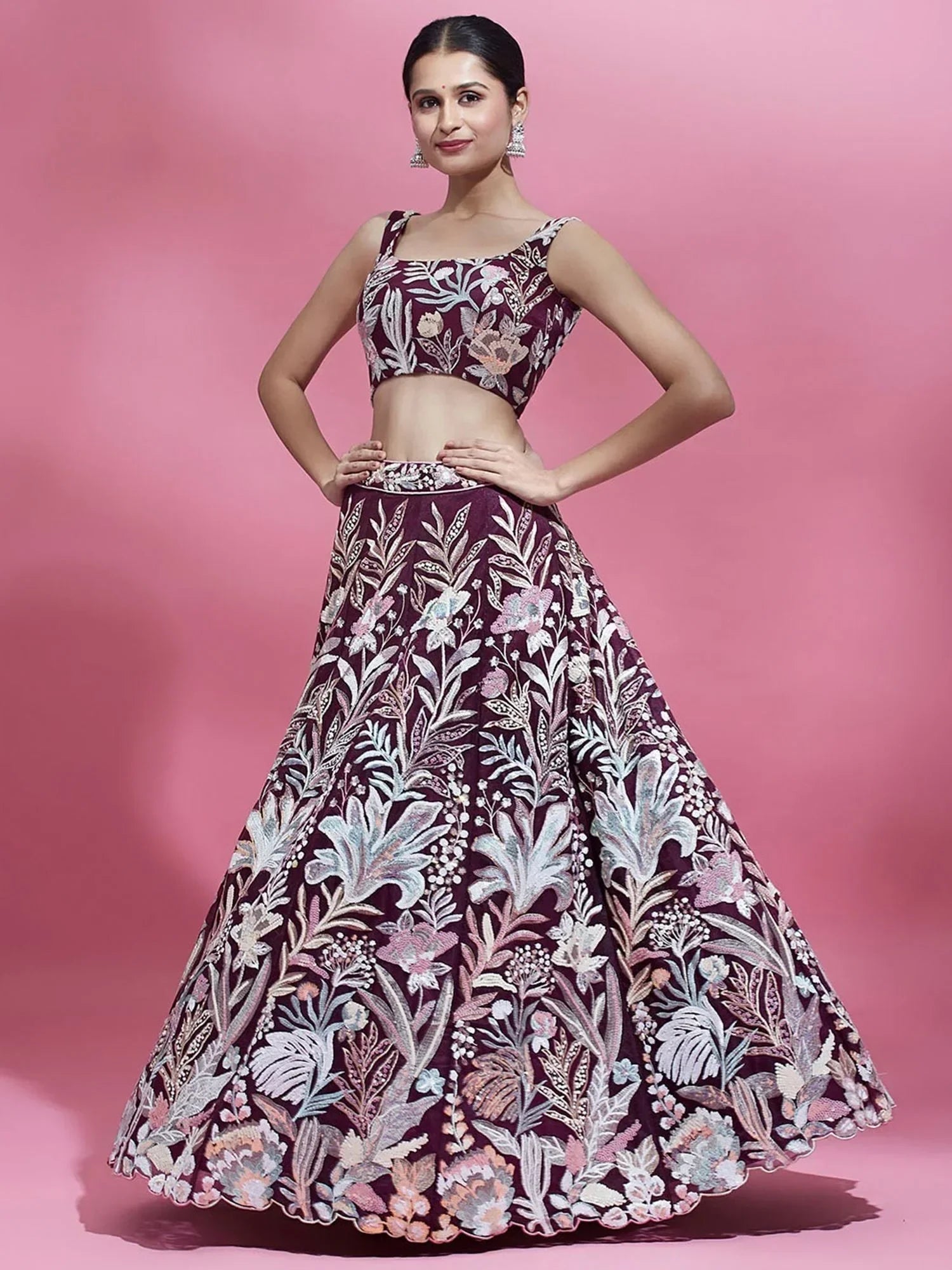 Wine Ravishing Color Sequins Soft Net Party Wear Lehenga Choli