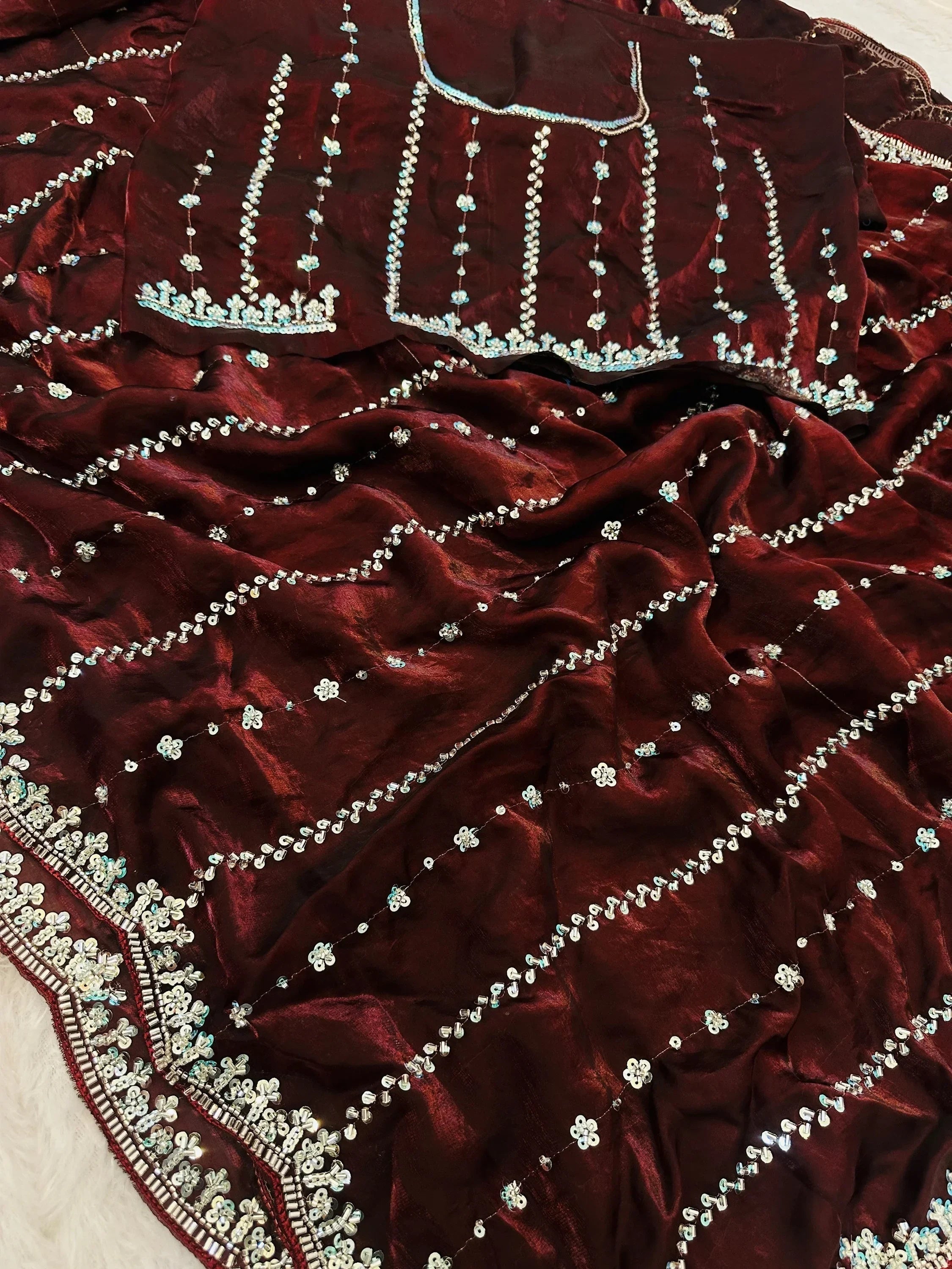 Brown Captivating Beads Work Satin Party Wear Saree With Blouse