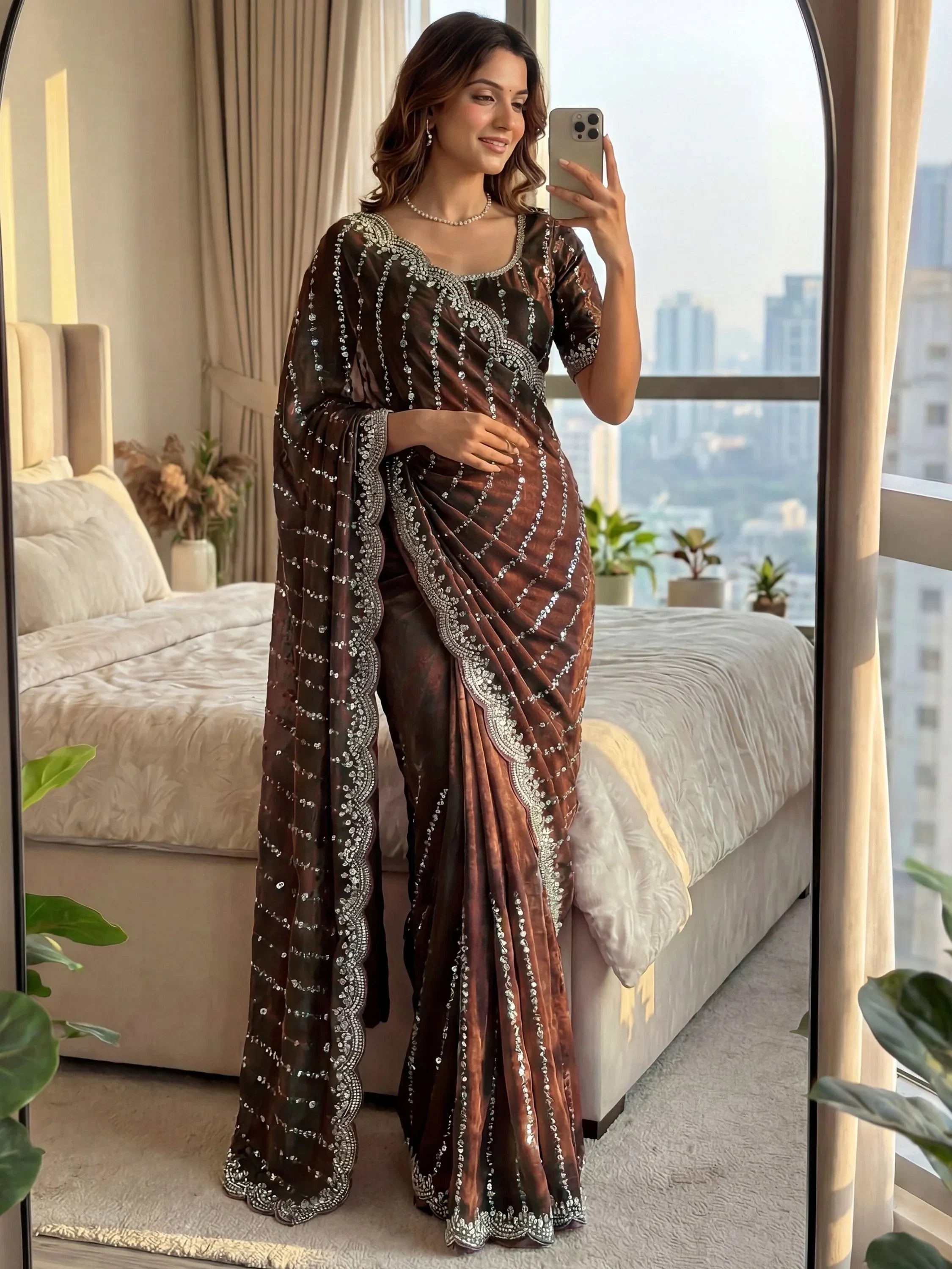 Brown Captivating Beads Work Satin Party Wear Saree With Blouse