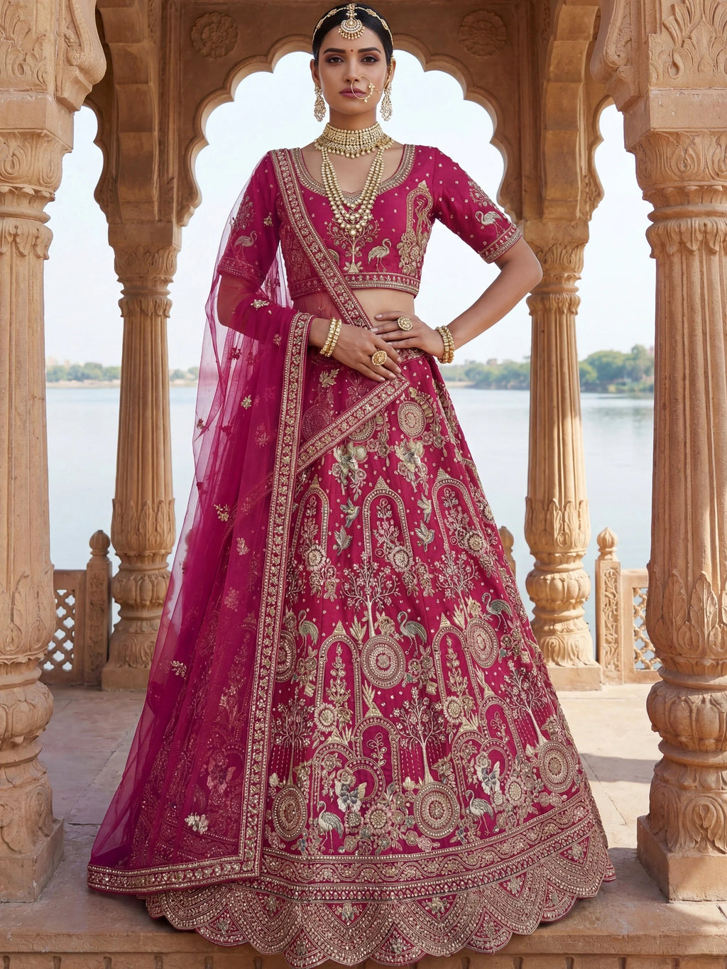 Pink Awesome Embroidered Silk Bridal Lehenga Choli With Double Dupatta