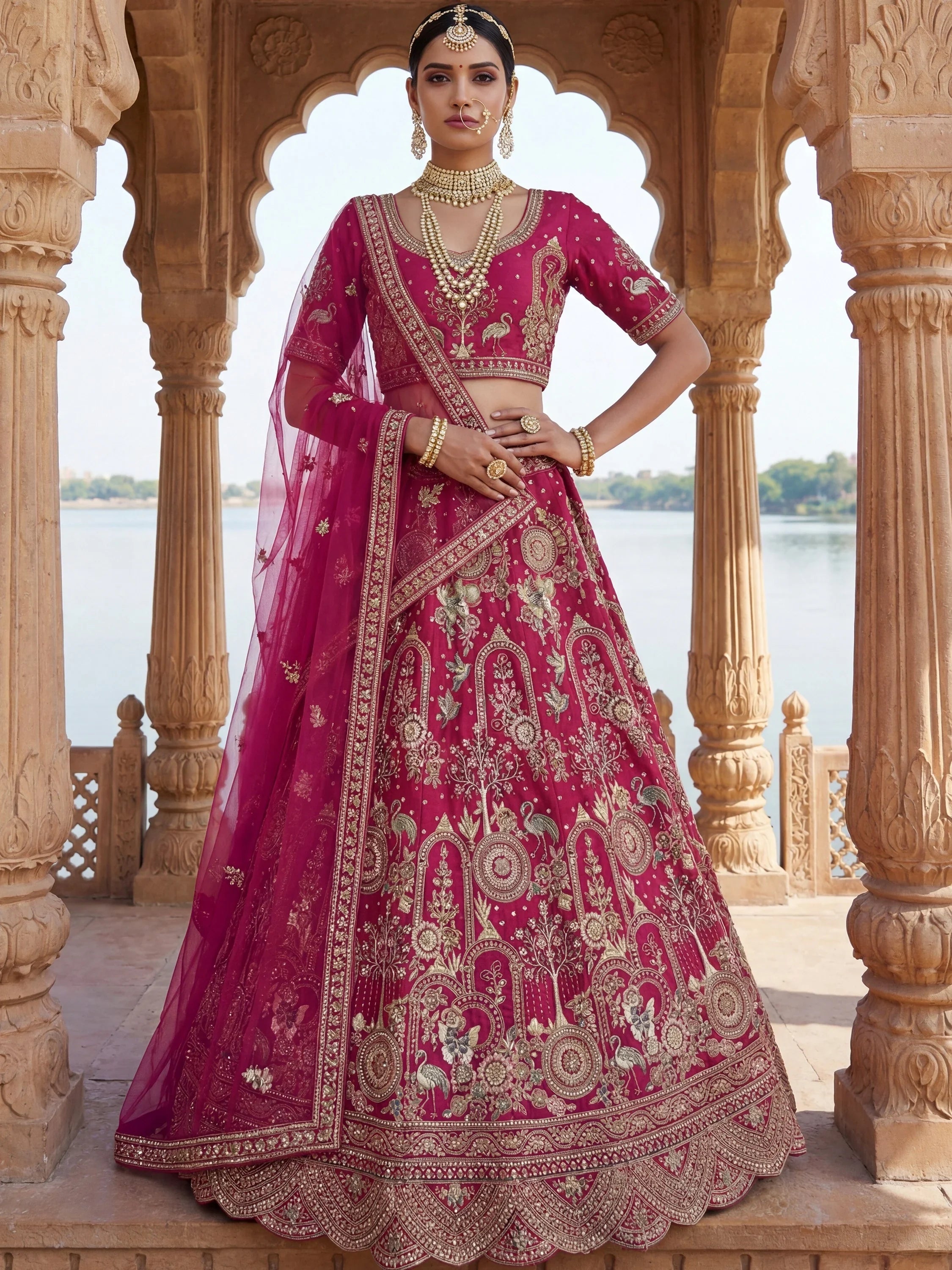 Pink Awesome Embroidered Silk Bridal Lehenga Choli With Double Dupatta